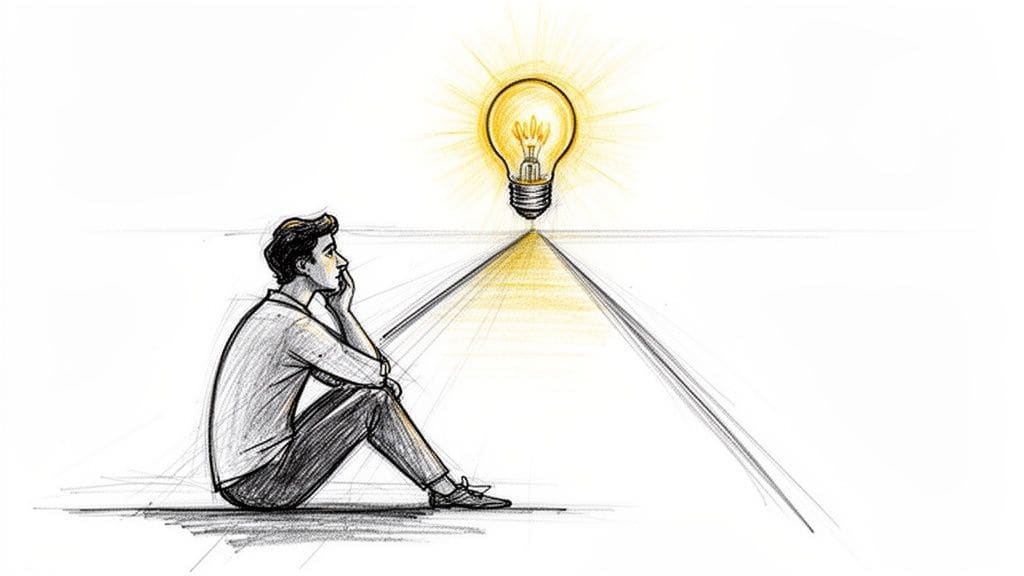 A sketched illustration of a thoughtful person sitting on the floor looking toward a glowing lightbulb.