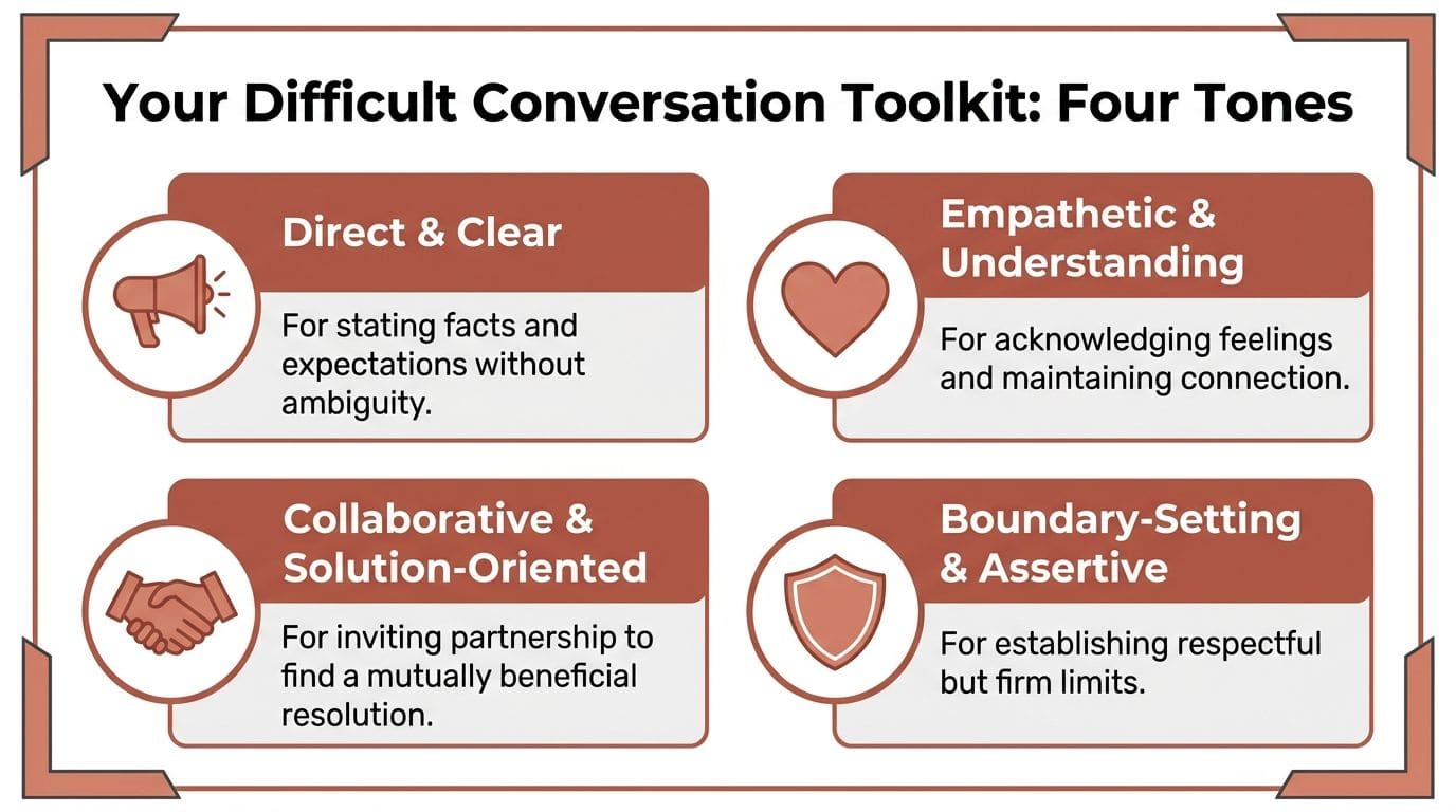 Infographic comparing Direct, Warm, Firmer, and Softer tones with example scripts for requesting quiet.