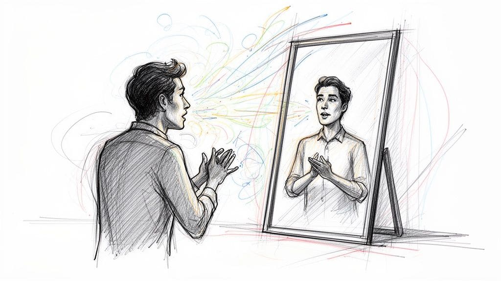 A sketched illustration of a man practicing a conversation by speaking to his own reflection in a mirror.