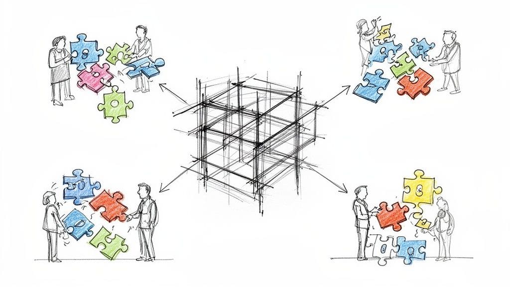 A conceptual drawing showing four groups of people connecting puzzle pieces toward a central wireframe cube.