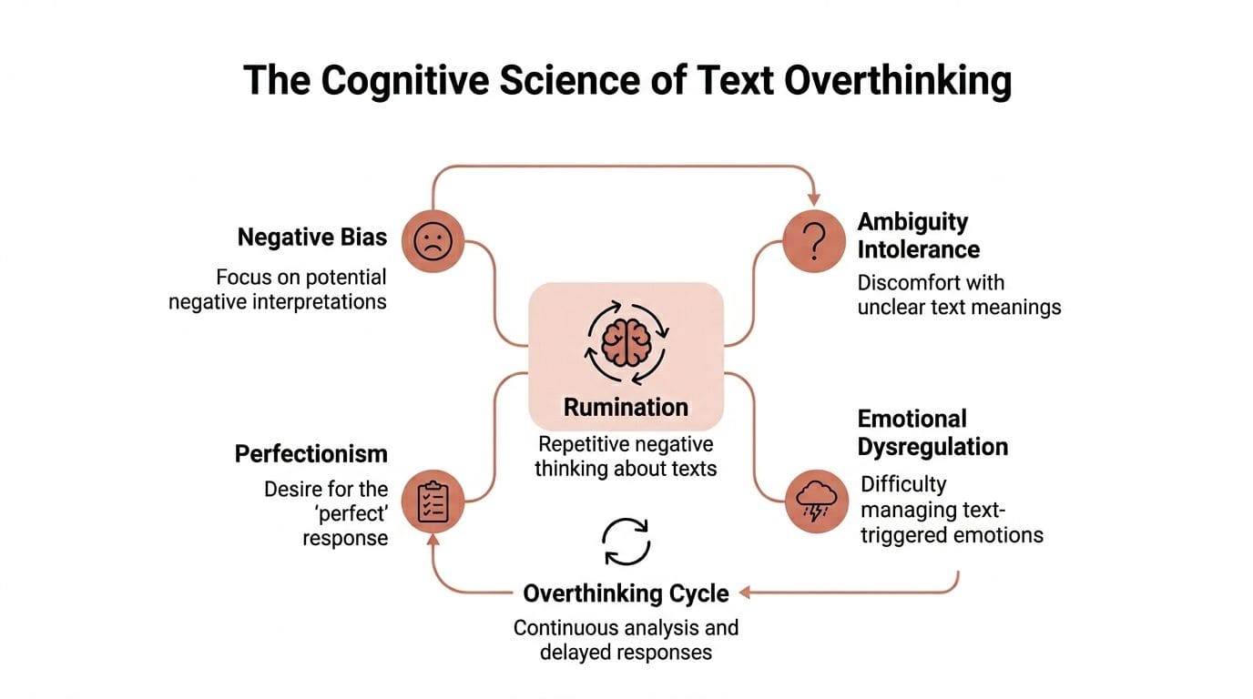 Infographic diagram explaining rumination, ambiguity, and the psychology behind overthinking text messages.