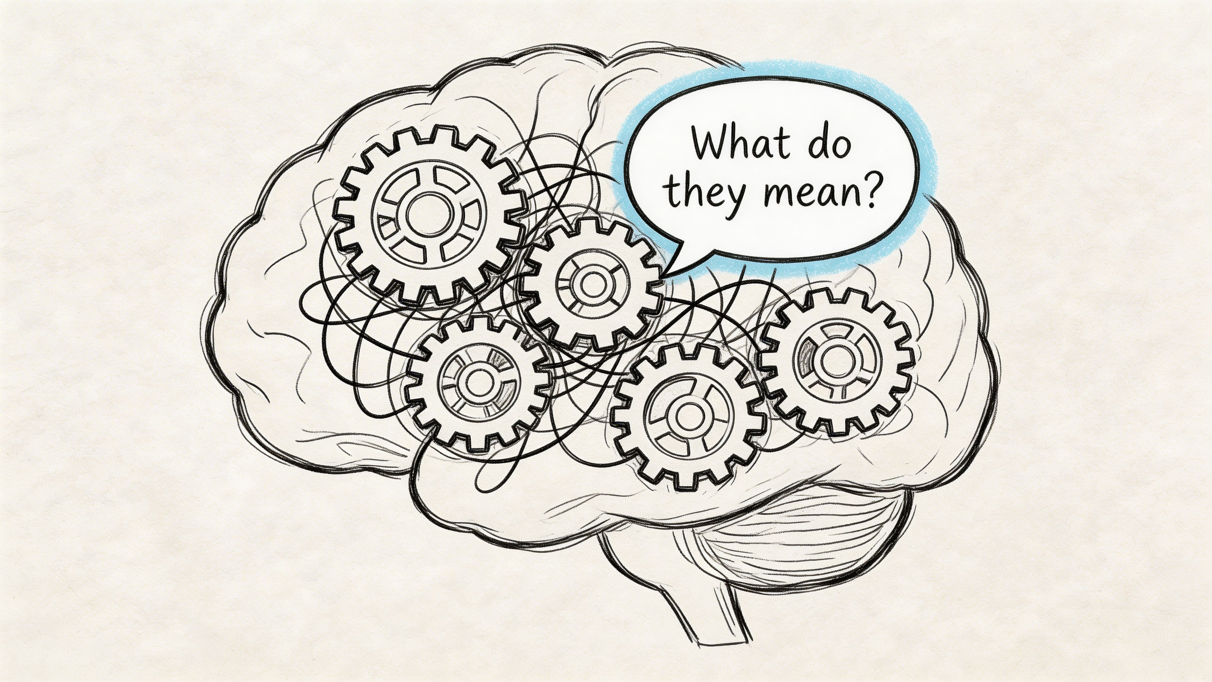 Conceptual illustration of a human brain with interconnected mechanical gears and a speech bubble questioning text meaning.