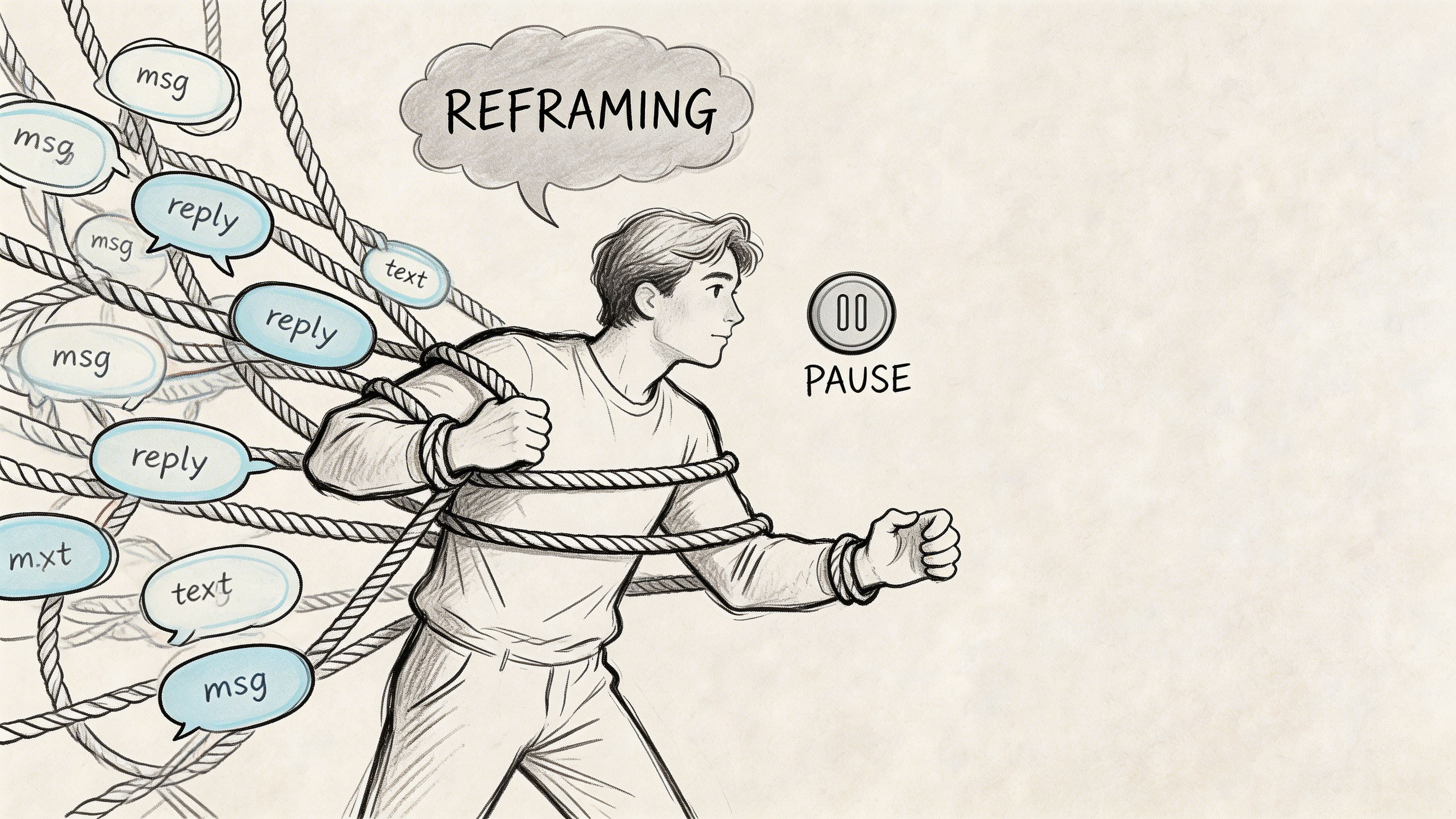 Pencil sketch of a person feeling overwhelmed and tangled in digital messages and text notifications.