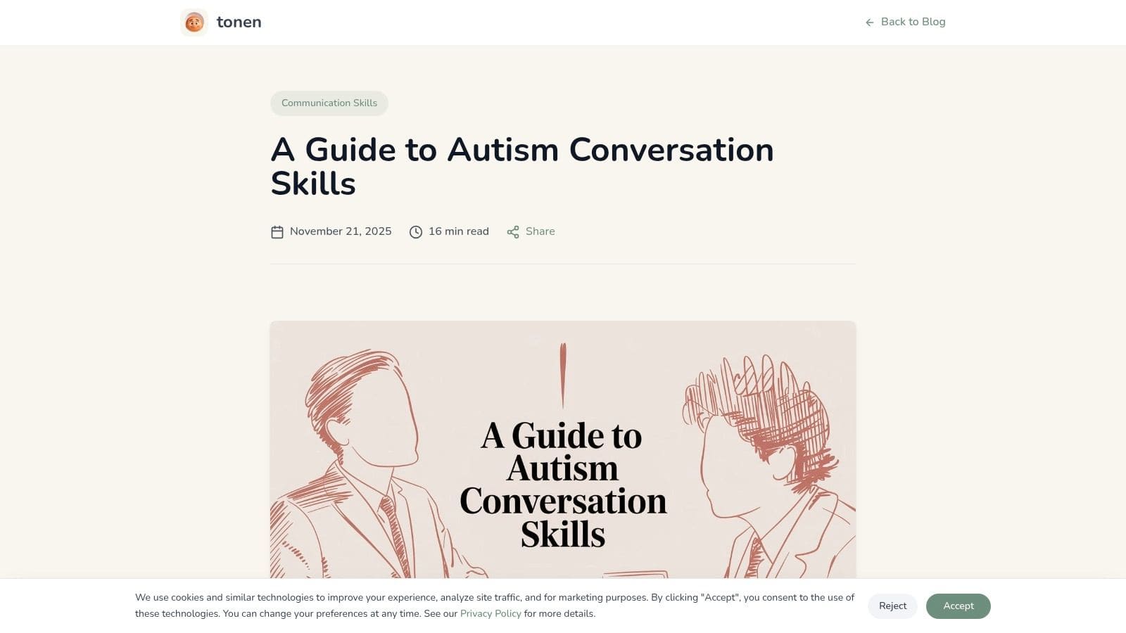 Screenshot of the tonen autism conversation skills guide page with article layout and navigation.