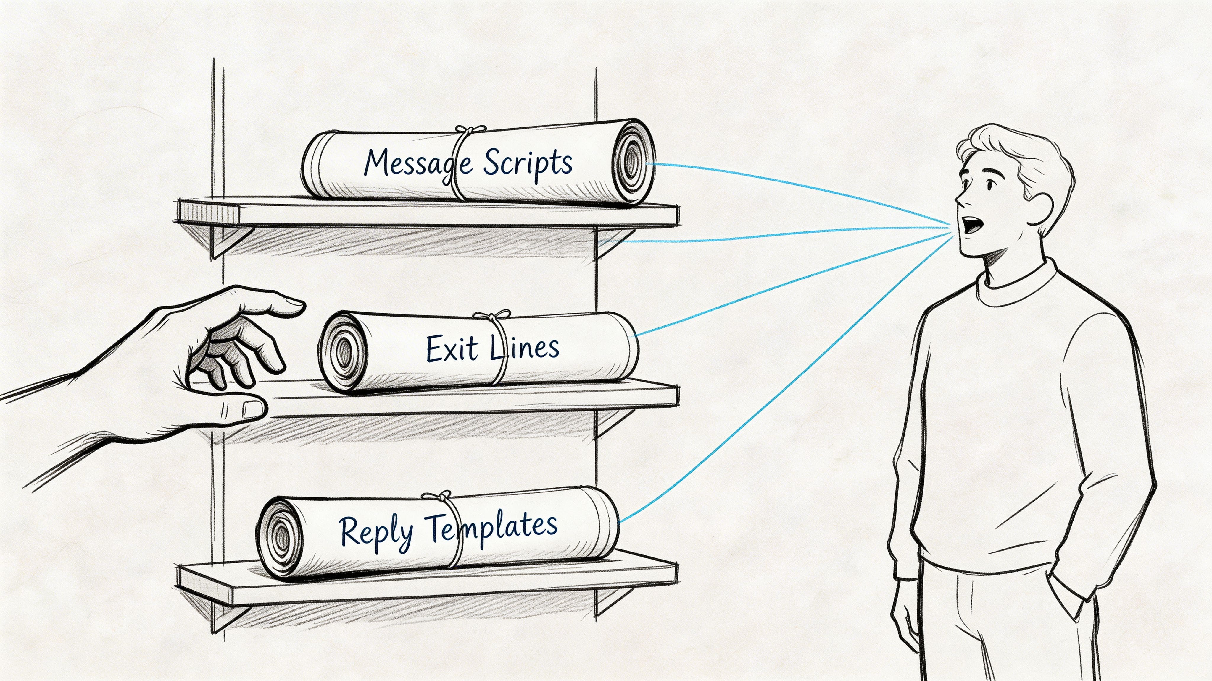 Person reviewing organized digital message scripts on a shelf to choose low-stress wording before sending a text.