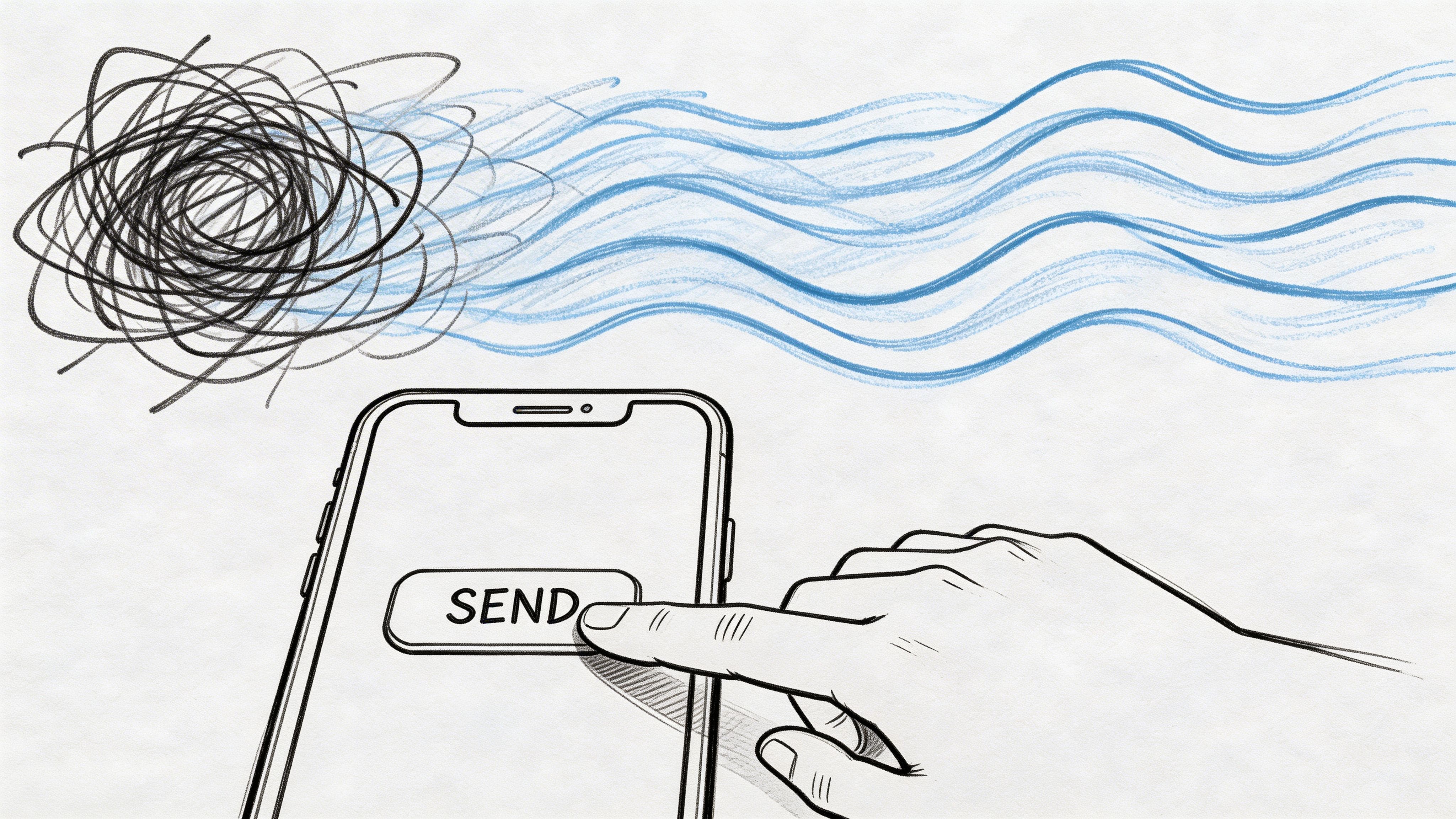 Hand hovering over a smartphone send button illustrating nervous system activation and calming strategies before sending a message.