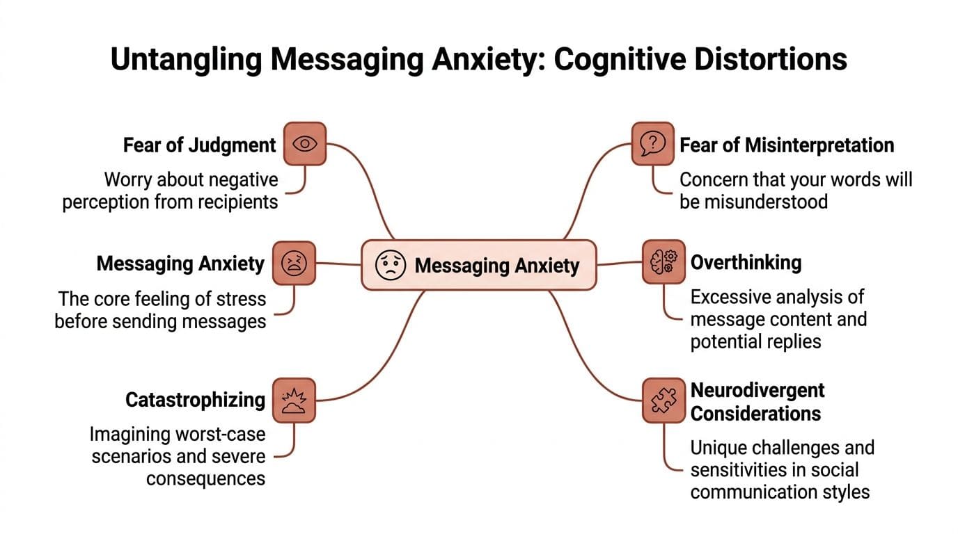 Infographic explaining texting anxiety, cognitive distortions, and balanced reframes for autistic and neurotypical adults.