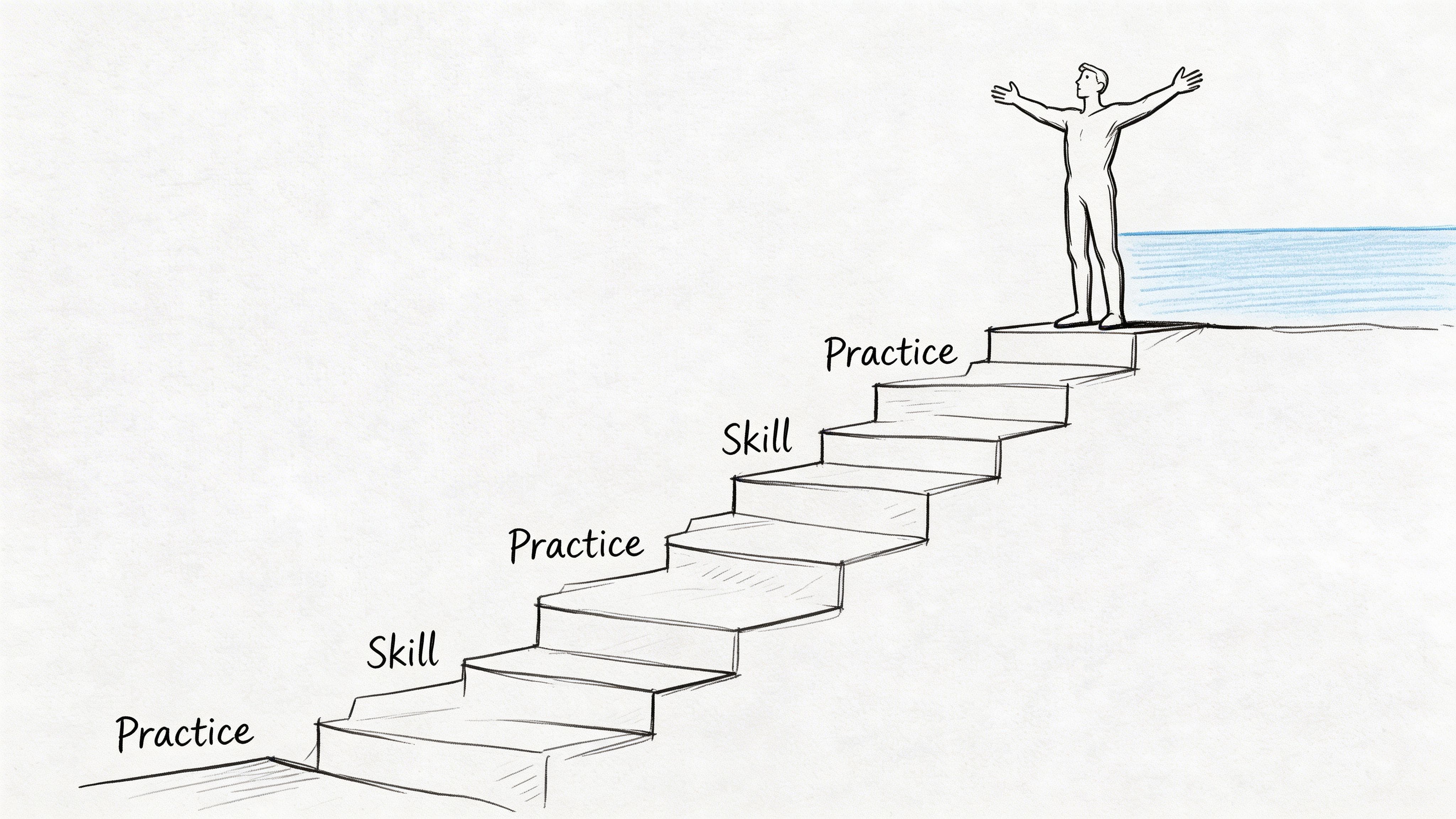Line drawing of a person climbing stairs labeled practice and skill to show gradual confidence in sending messages.