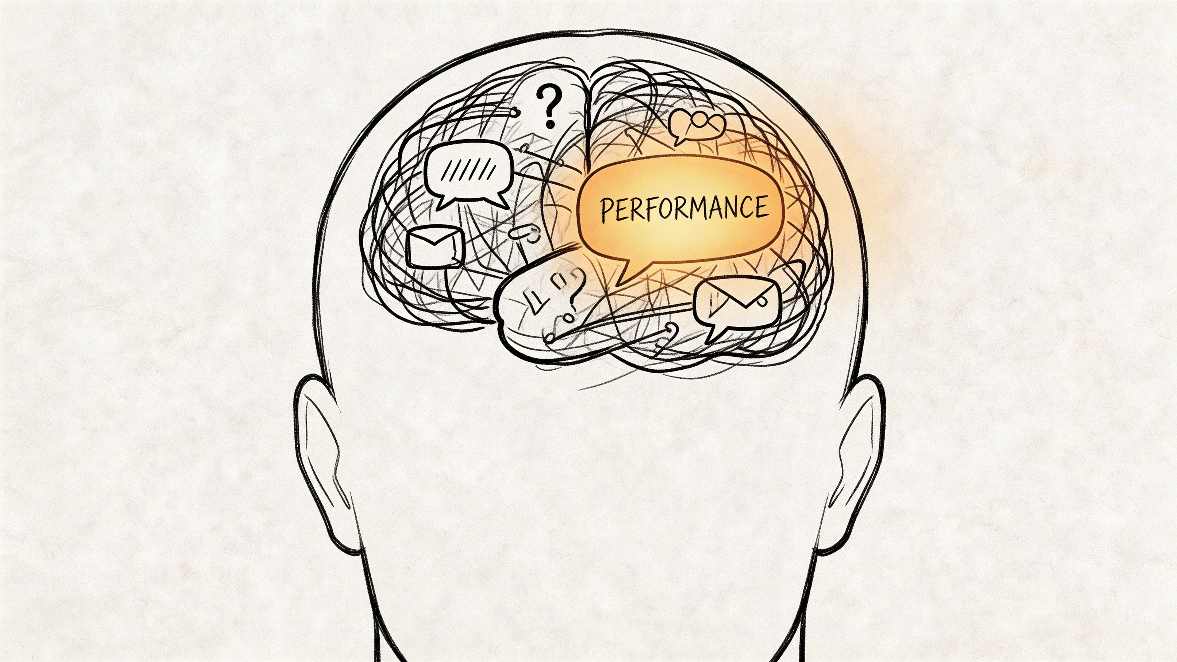 Sketch of a human head with a busy brain, speech bubbles, and communication symbols showing cognitive overload during conversation.