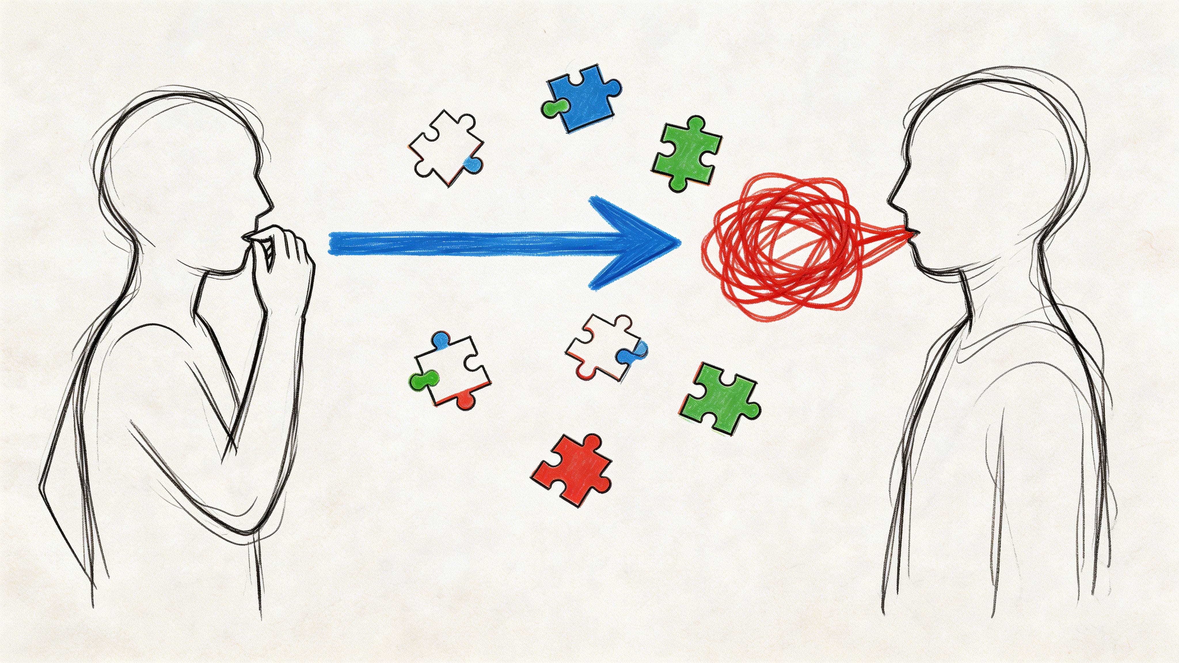 Two people talking with fragmented puzzle-piece thought bubbles illustrating mismatched communication styles and double empathy.