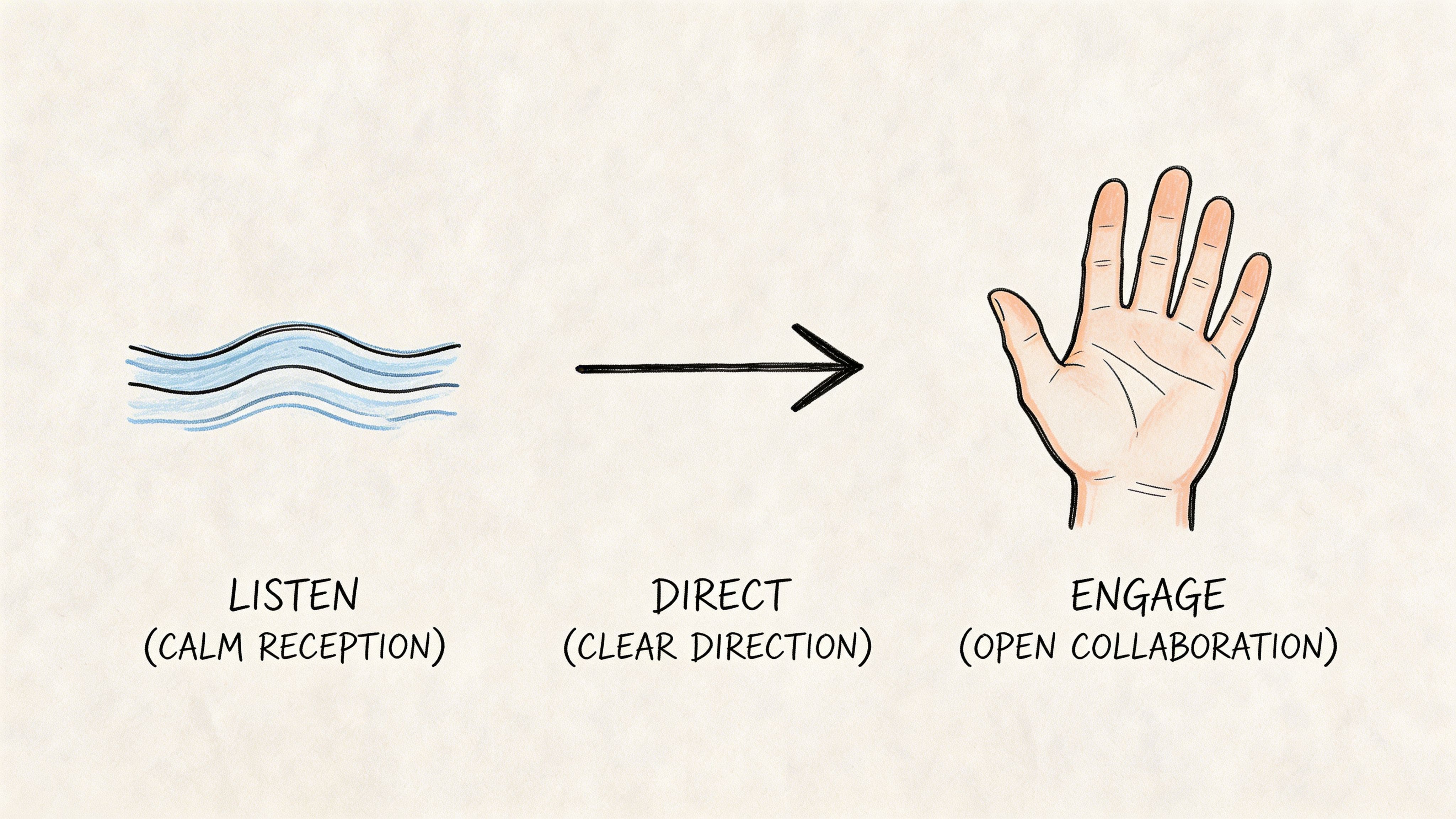 Diagram of three communication stages labeled listen, direct, and engage with waves, arrow, and hand icons for lower-stress conversations.