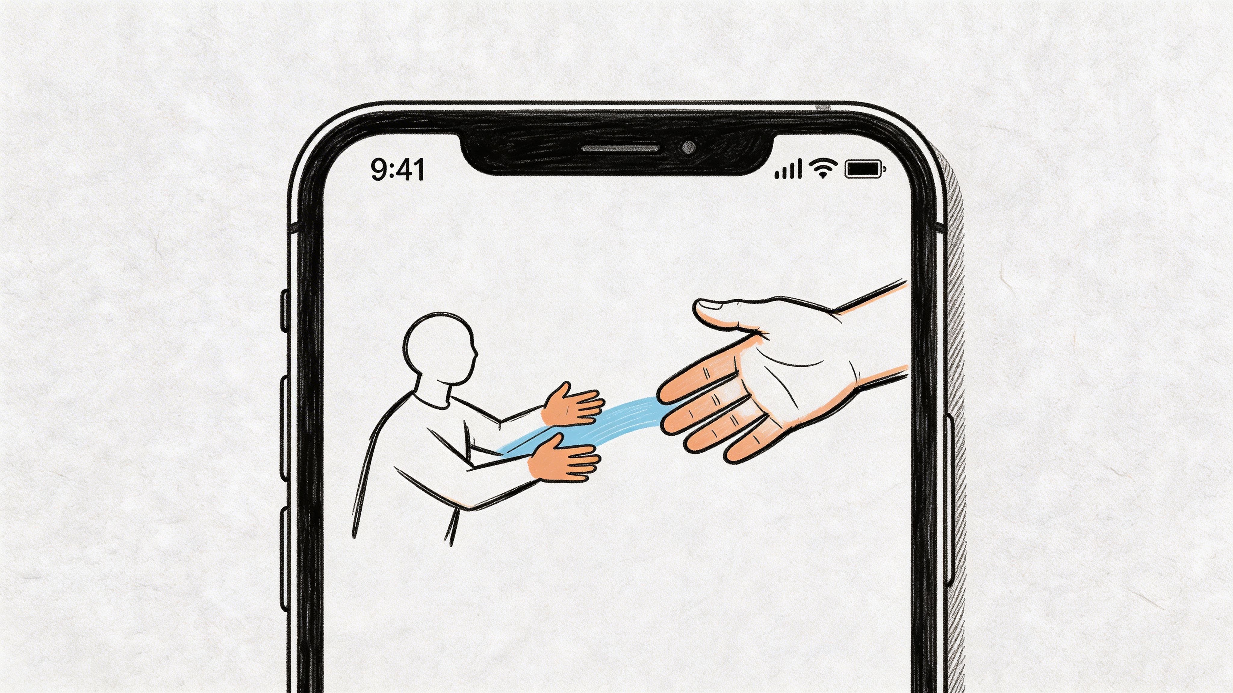 Smartphone screen illustration of a person reaching toward a supportive guiding hand representing communication coaching and scripts.