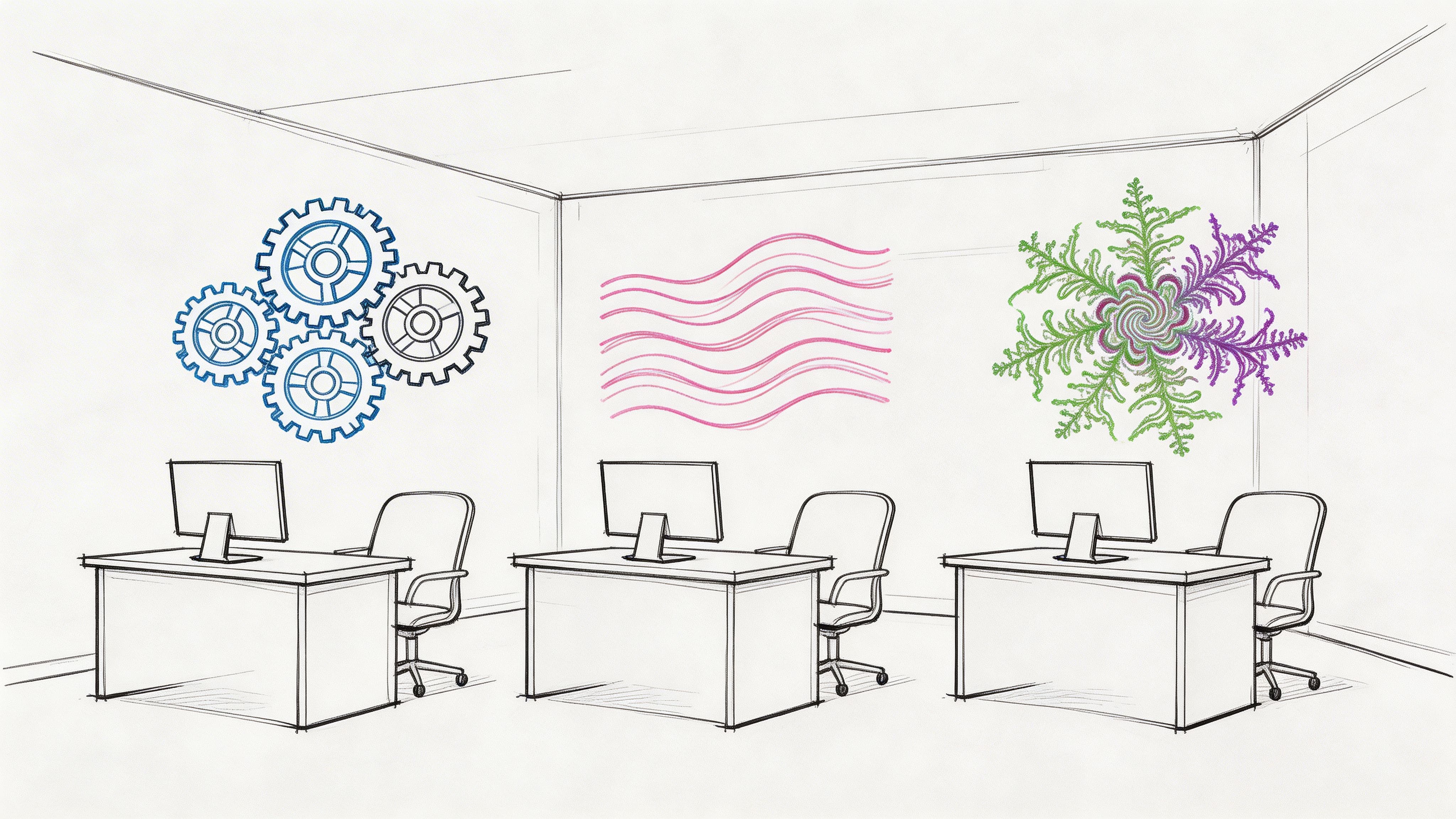 Minimalist office sketch with three desks, computers, and abstract wall art representing cognitive diversity in a neuro-inclusive team.