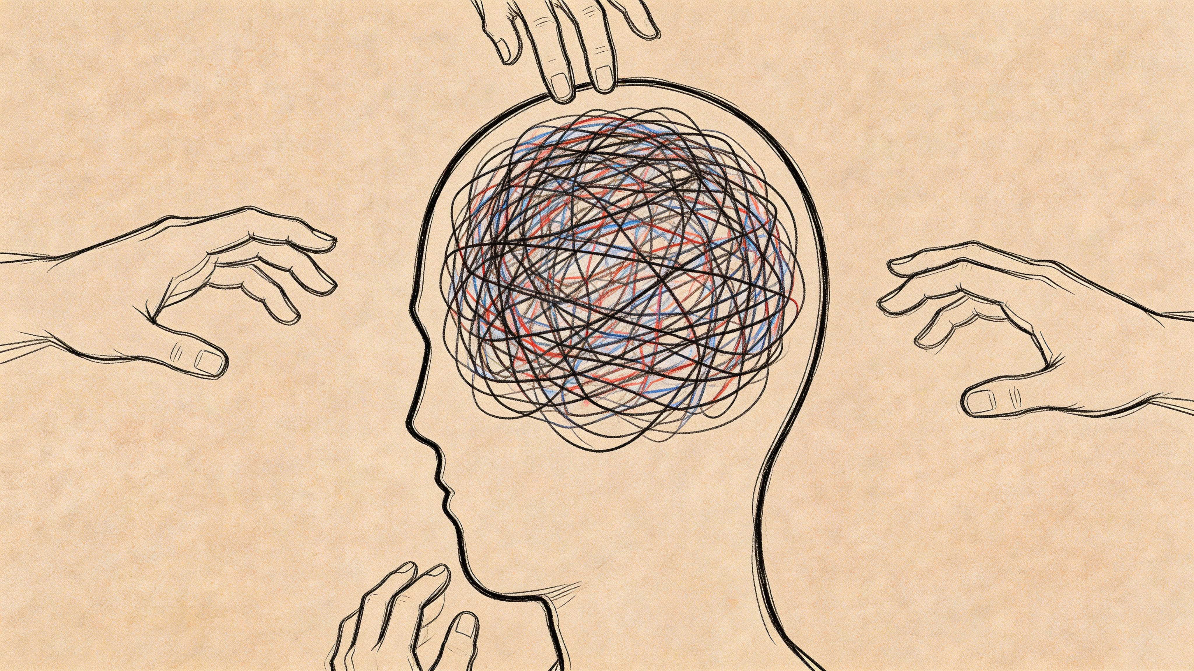 Line drawing of a person's profile with a tangled scribbled brain and reaching hands symbolizing social stress when refusing a request.
