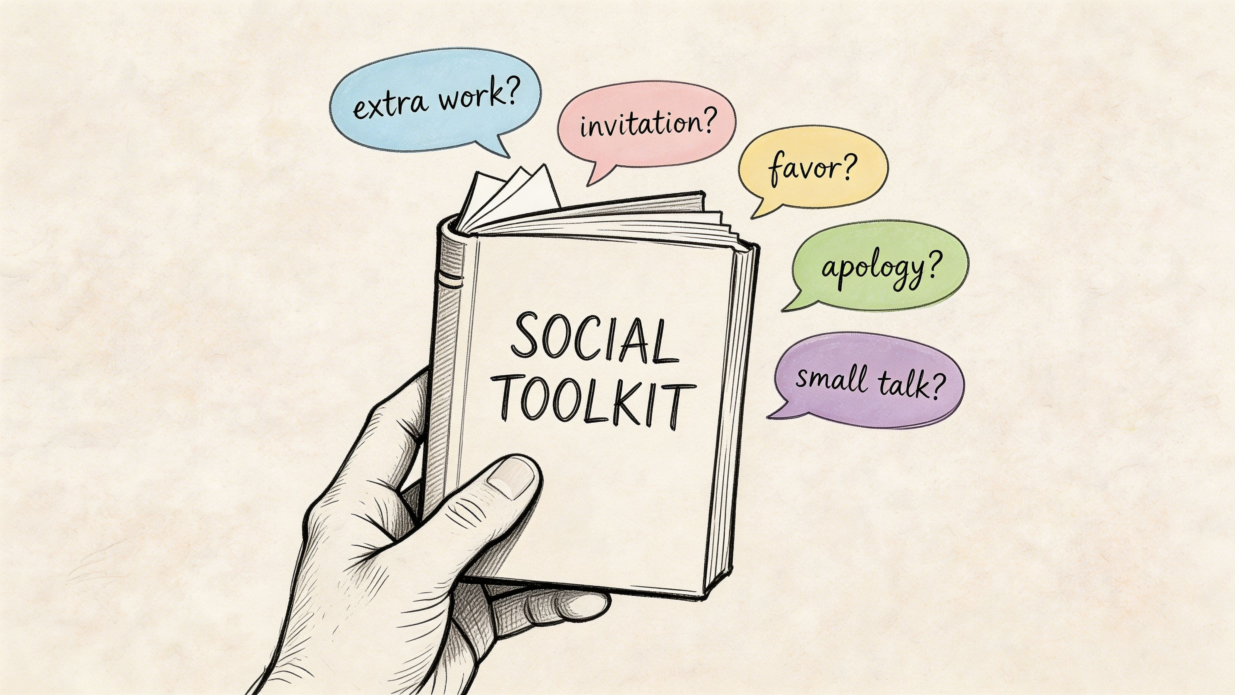Hand holding a book titled Social Toolkit with speech bubbles for invitations and favors illustrating polite refusal phrases.