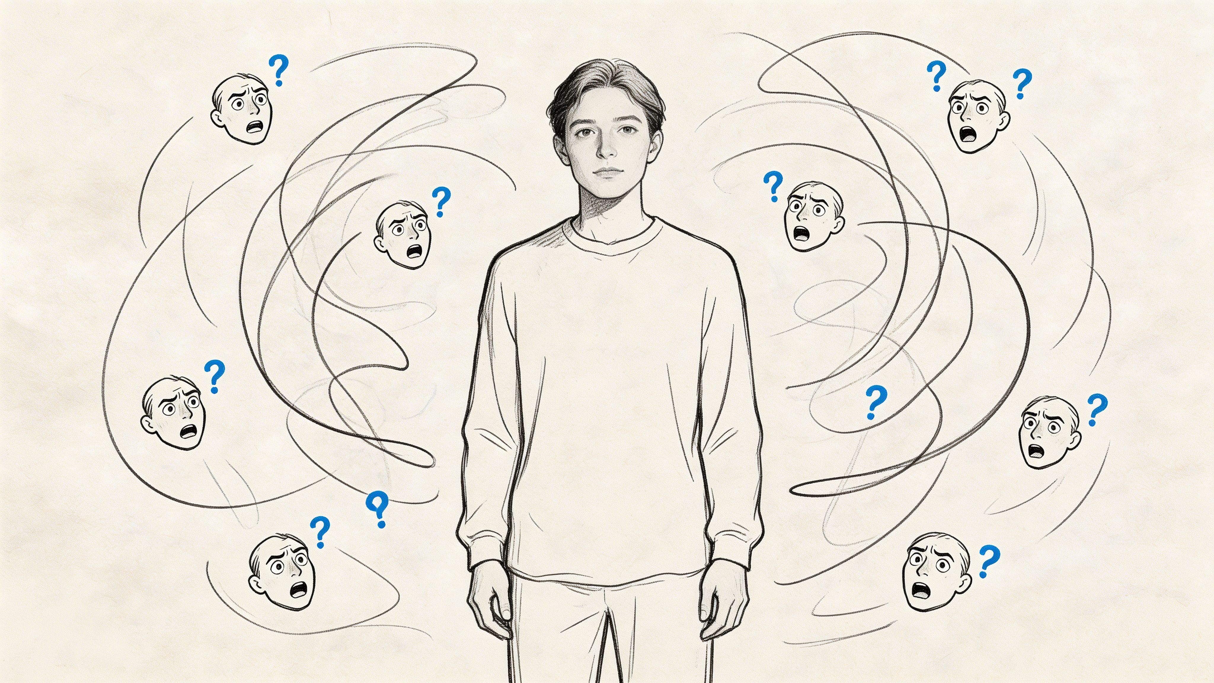 Person staying calm at the center while sketched faces and question marks float around them illustrating post-refusal anxiety and self-doubt.