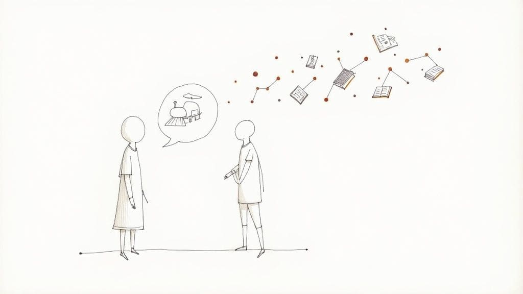 Two people having a conversation about special interests with thought bubbles showing books and trains