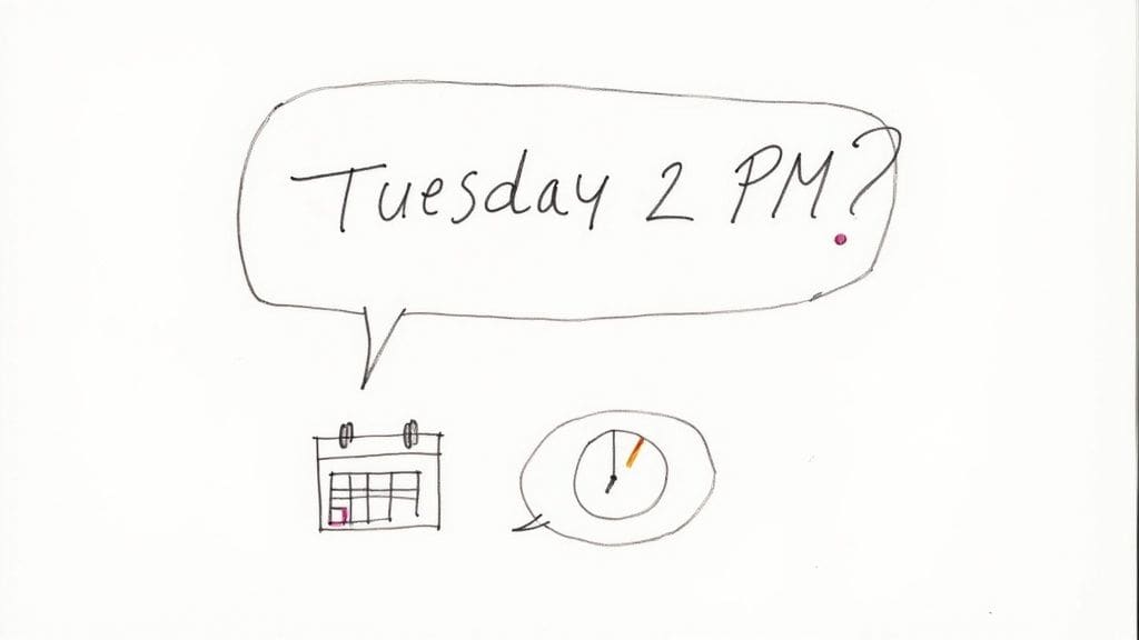 Speech bubble showing 'Tuesday 2 PM?' with calendar and clock icons representing direct communication