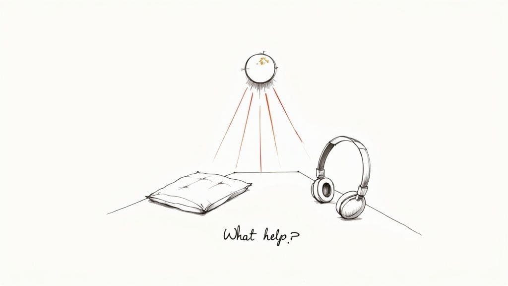 Sensory accommodation items including headphones, book, and lighting with 'What help?' text