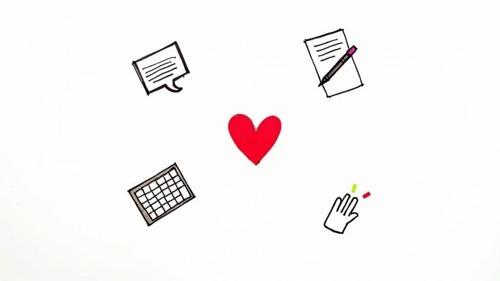 Communication tools including speech bubbles, notepad, calendar, heart, and hand representing different conversation strategies