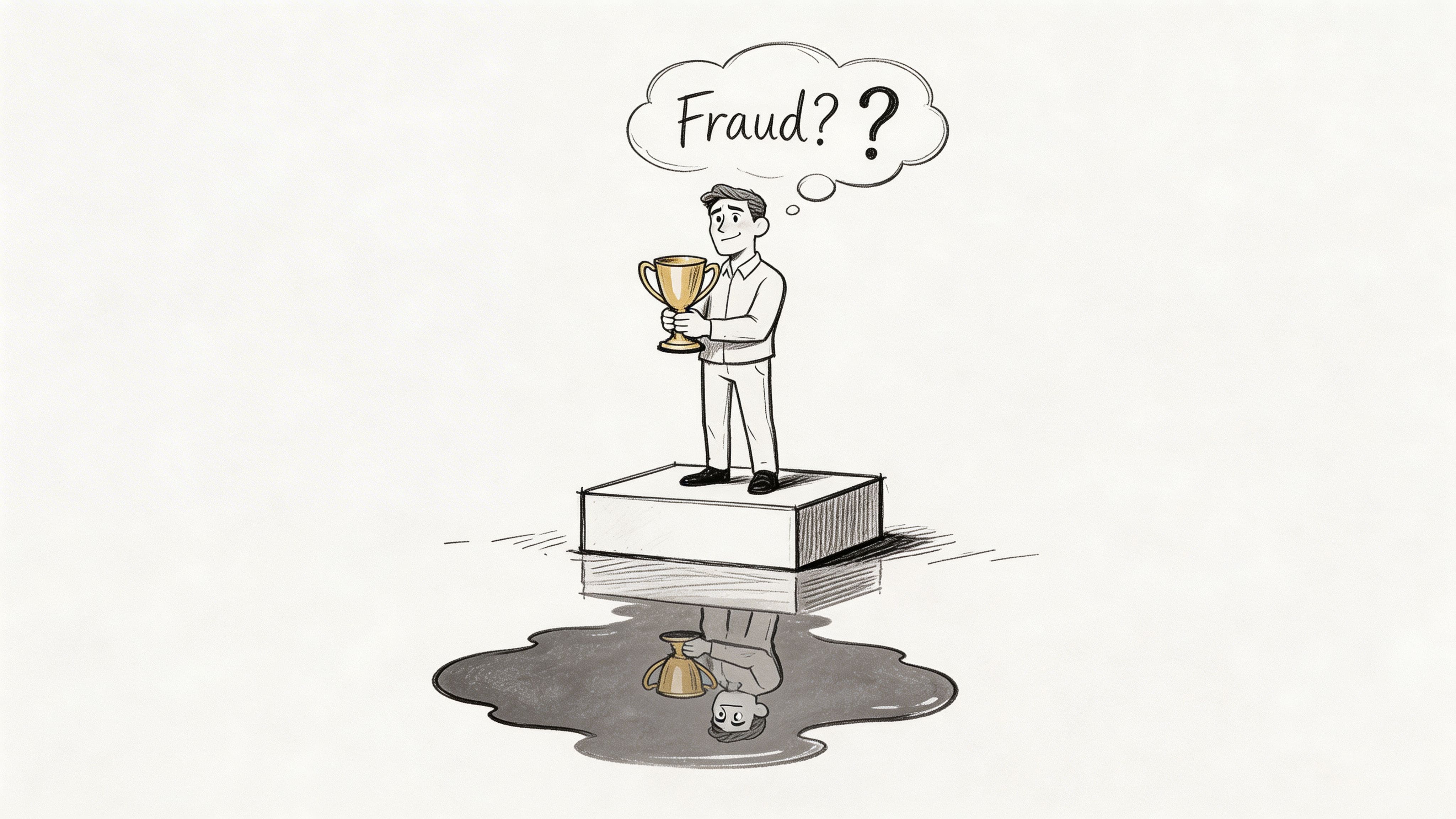 Illustration of a man holding a trophy while questioning whether he deserves it, representing ADHD imposter syndrome and self-doubt after success.