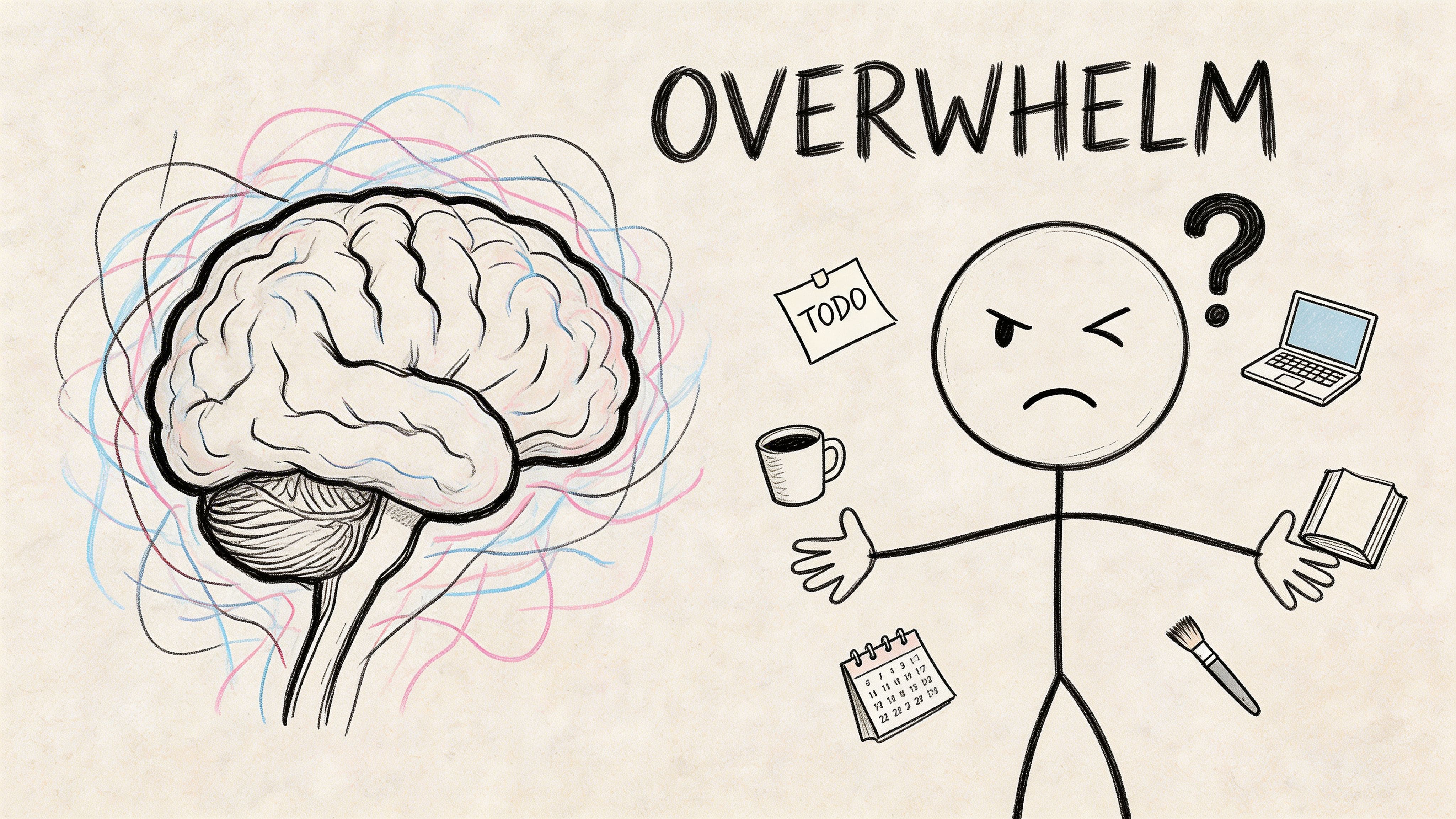 Hand-drawn illustration of overwhelm with a chaotic brain doodle, stick figure, and scattered daily tasks for ADHD cognitive load.