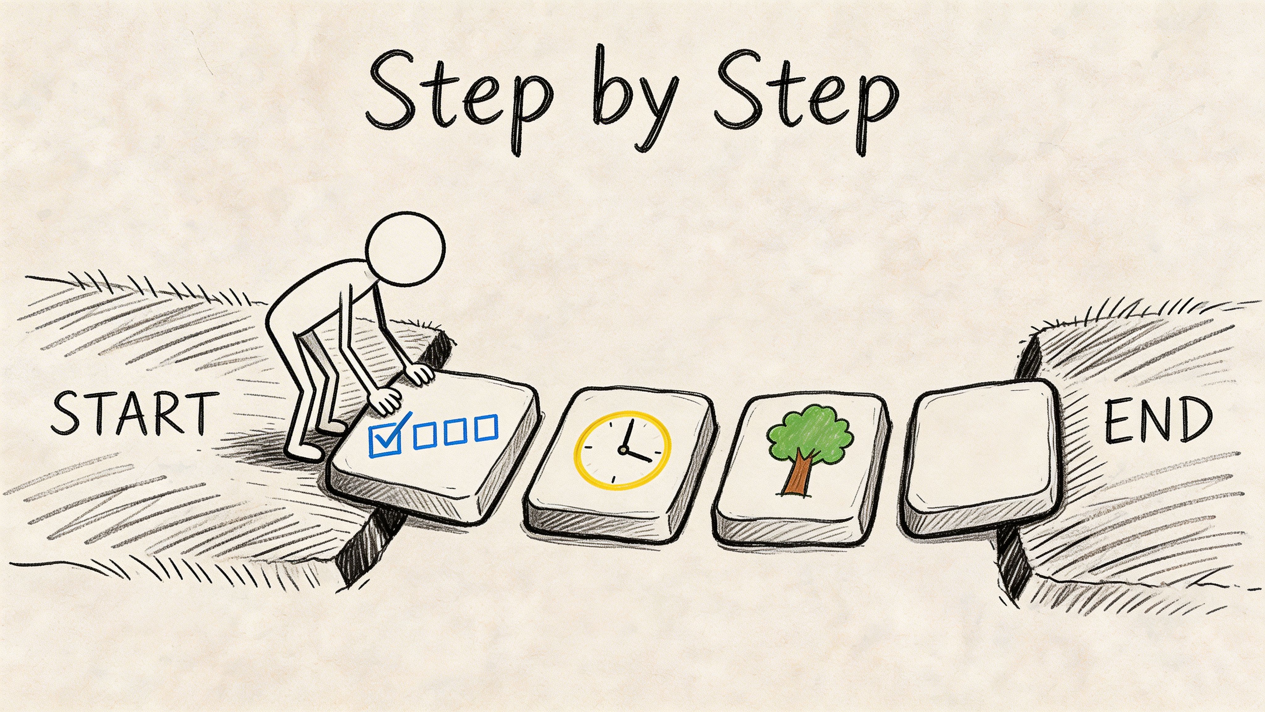 Stick figure placing stepping stones on a path toward a goal, symbolizing small ADHD-friendly confidence wins and progress tracking.