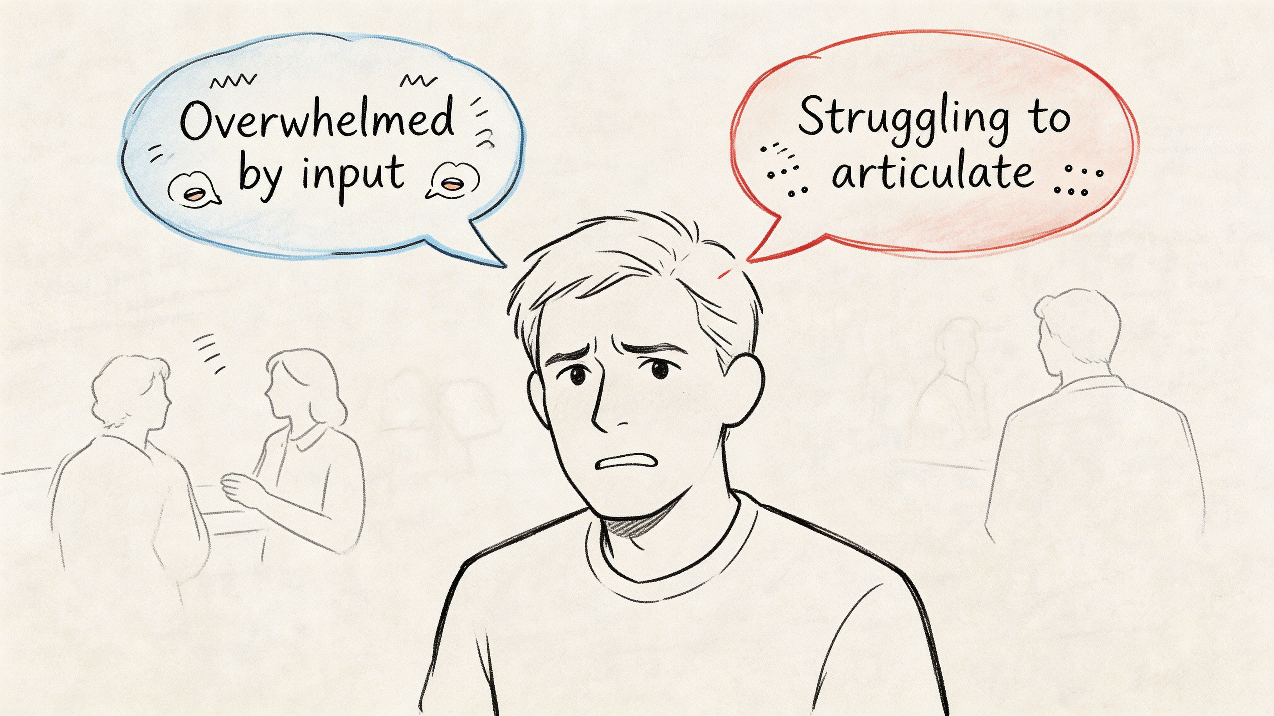 Overwhelmed person in a social setting with speech bubbles showing autism vs ADHD communication misunderstandings.