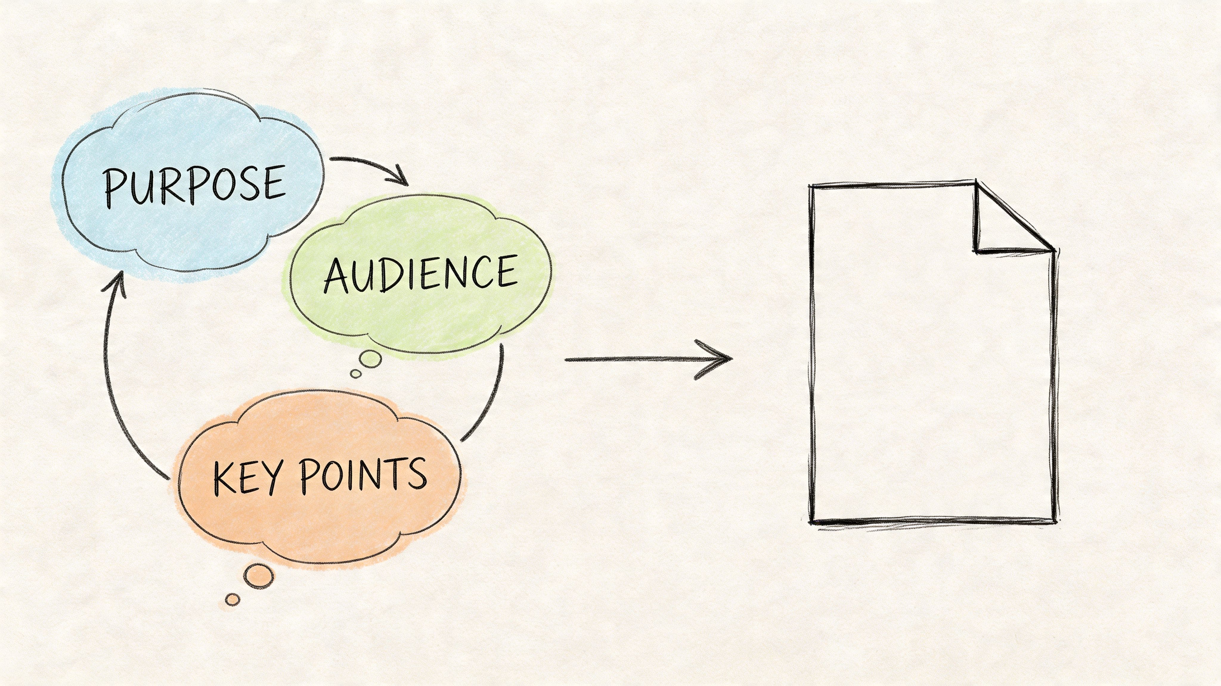 Hand-drawn flowchart from purpose and audience to key points and a finished message document for planning written communication.