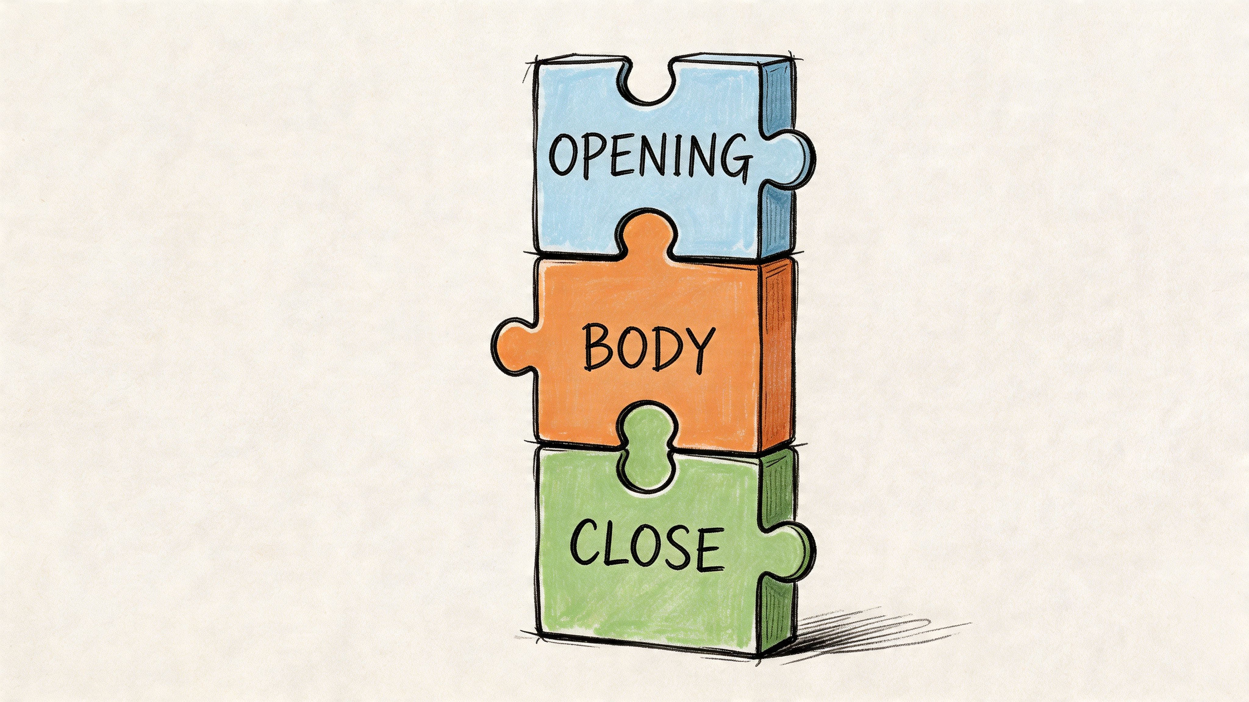 Vertical stack of three jigsaw pieces labeled Opening, Body, and Close for structuring a clear text or email message.
