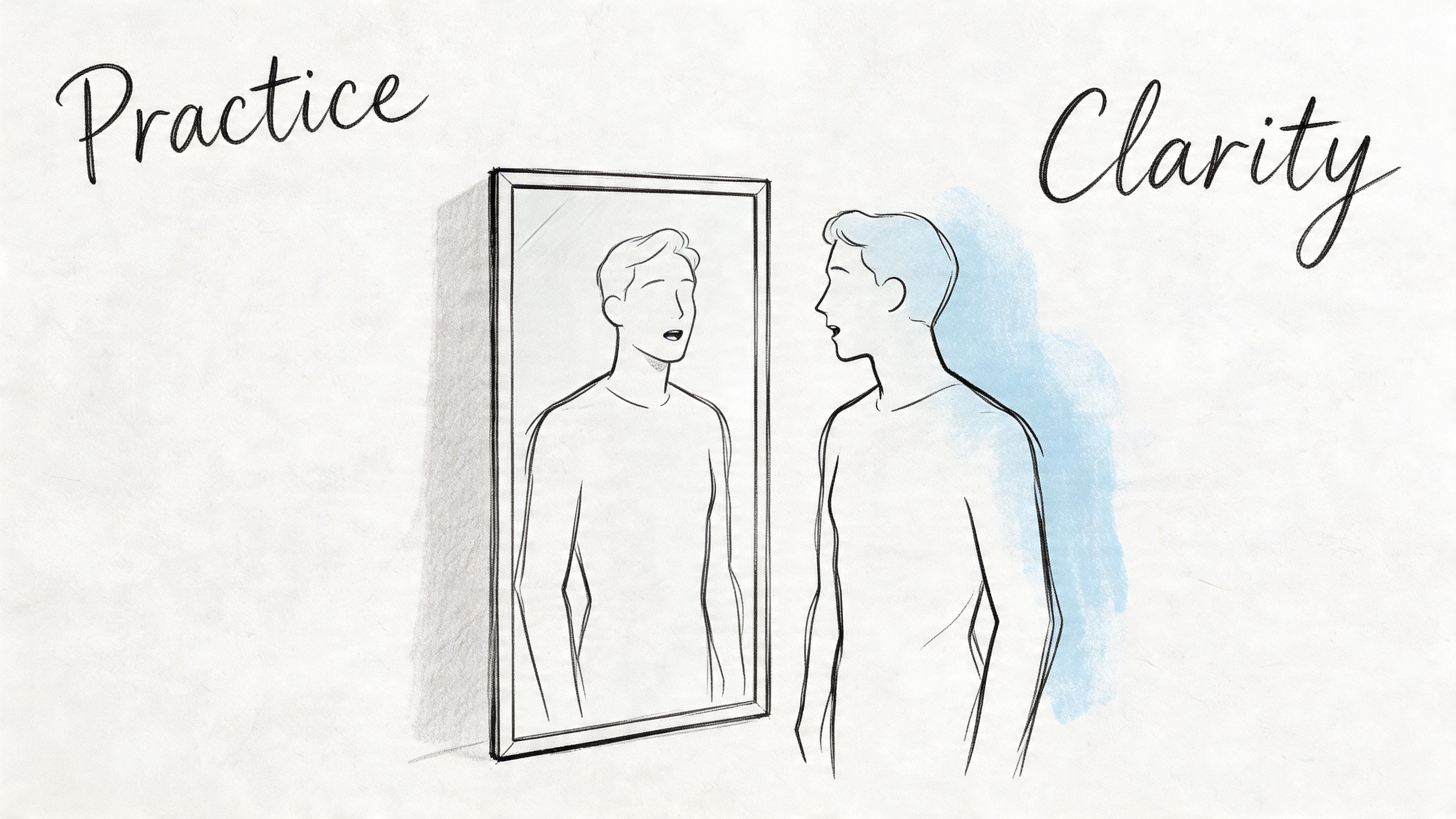 Line drawing of a person facing a mirror, symbolizing rehearsal and self-reflection before sending a difficult message.