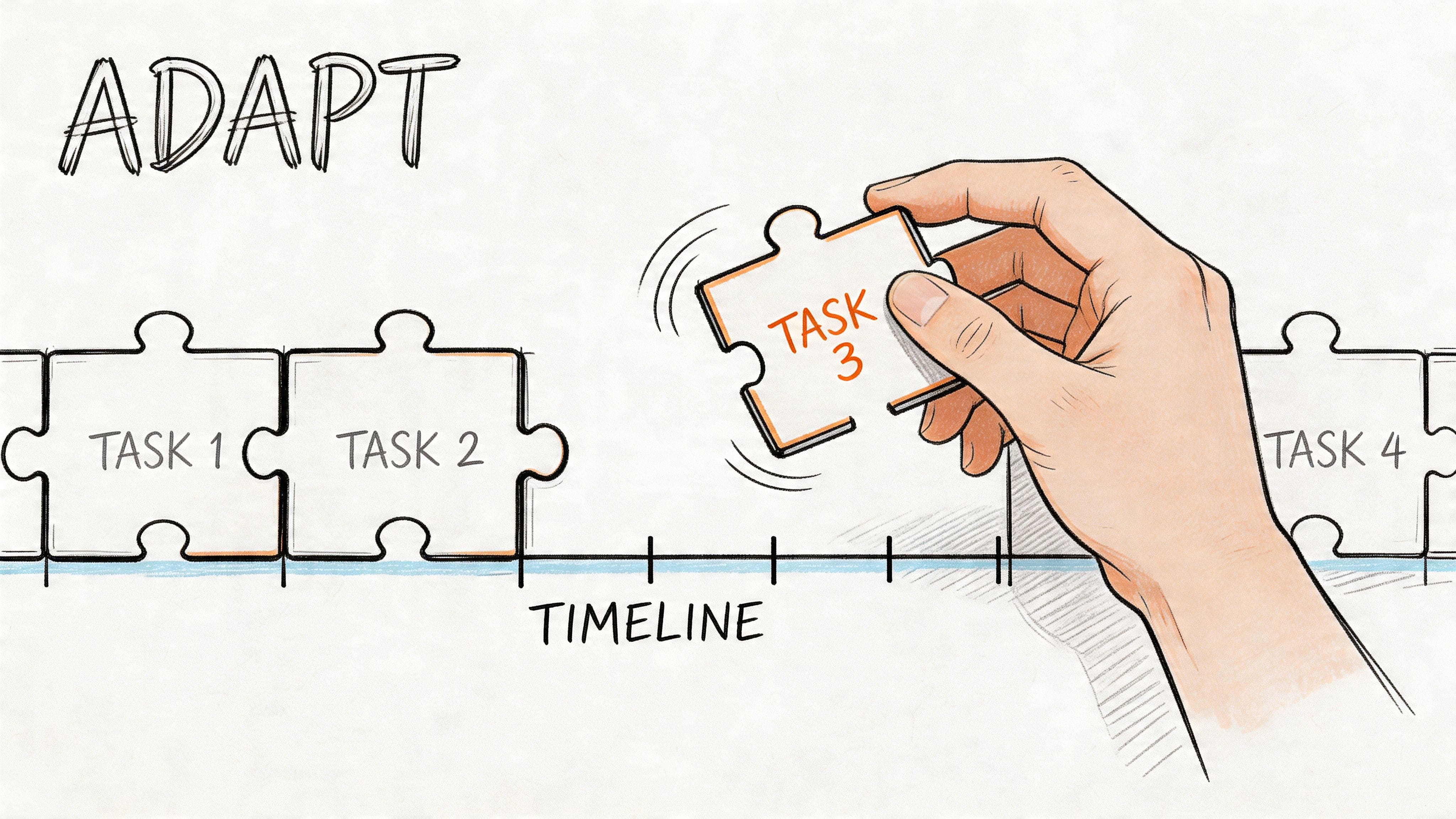 Hand placing a puzzle piece labeled Task 3 into a timeline labeled Adapt for autism routine and task sequencing.