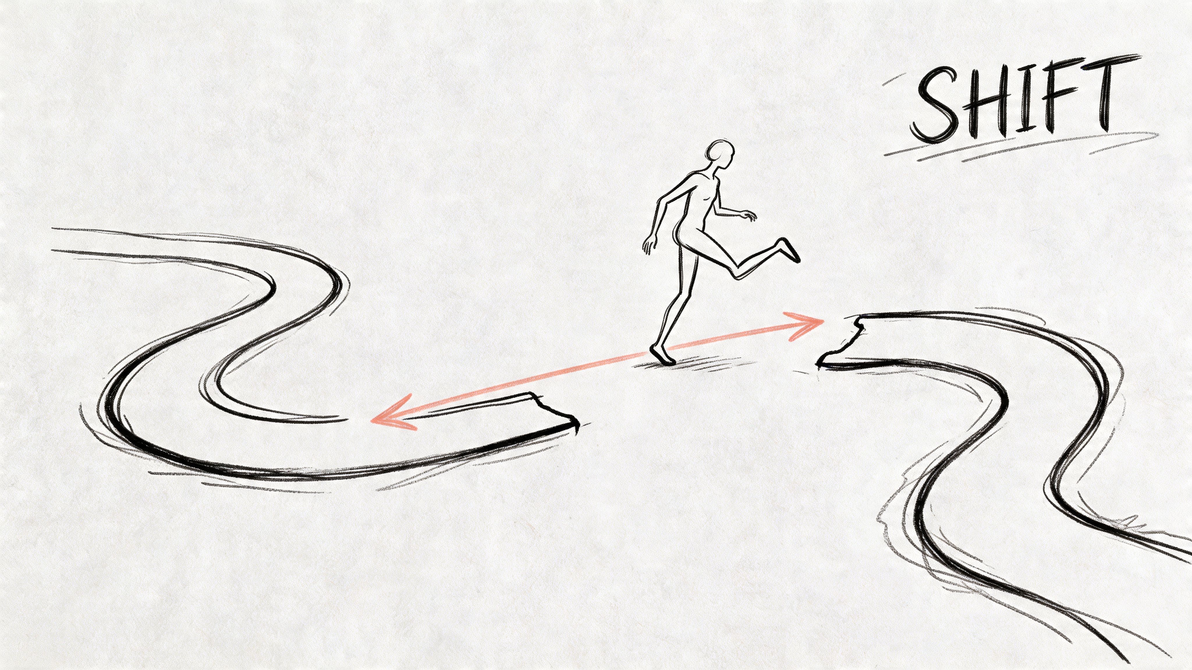 Minimalist sketch of a person jumping across a gap between two winding road segments symbolizing flexible autism routines and transitions.