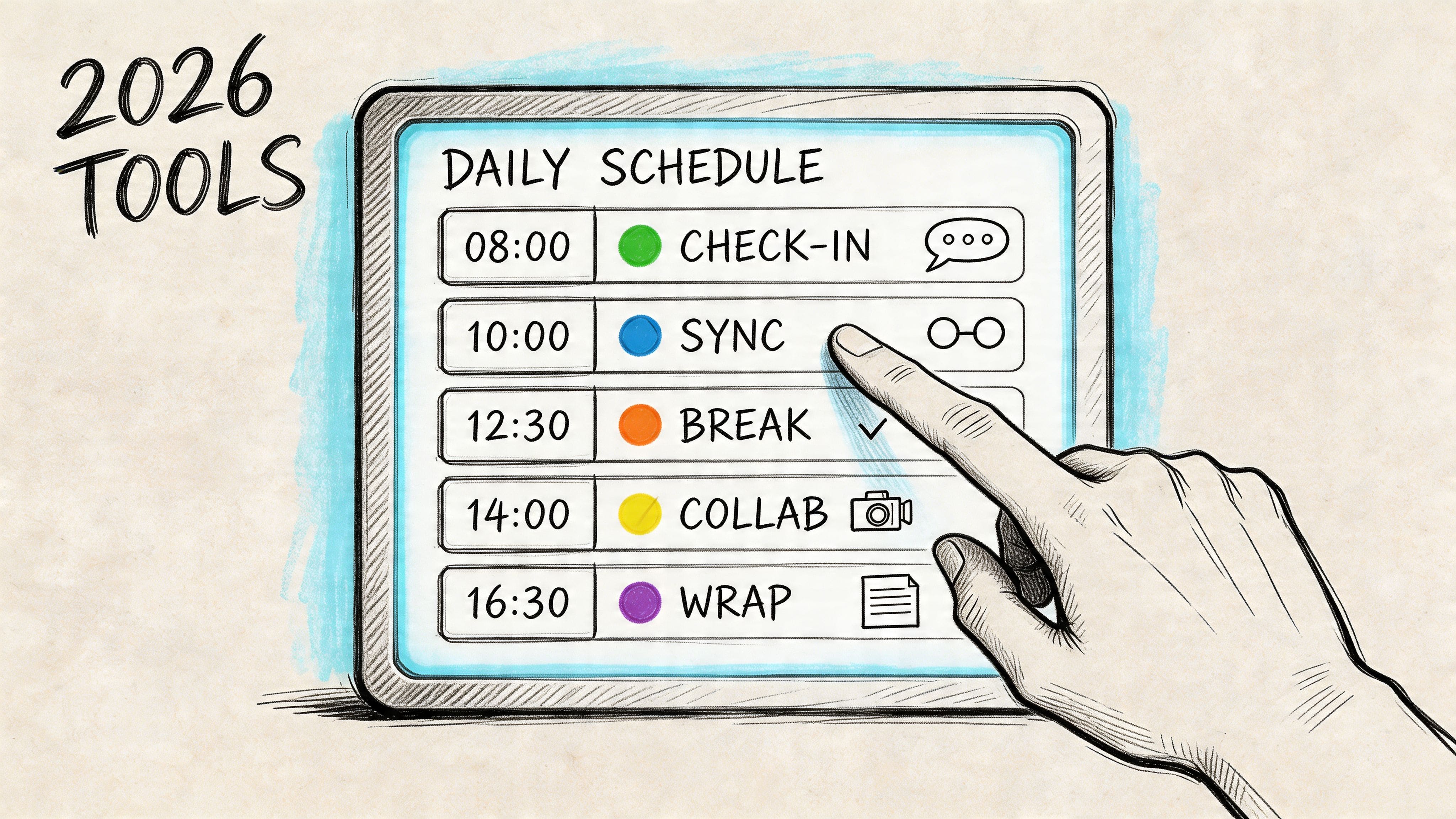 Hand touching a tablet screen displaying a colorful visual daily schedule for autism routine planning.
