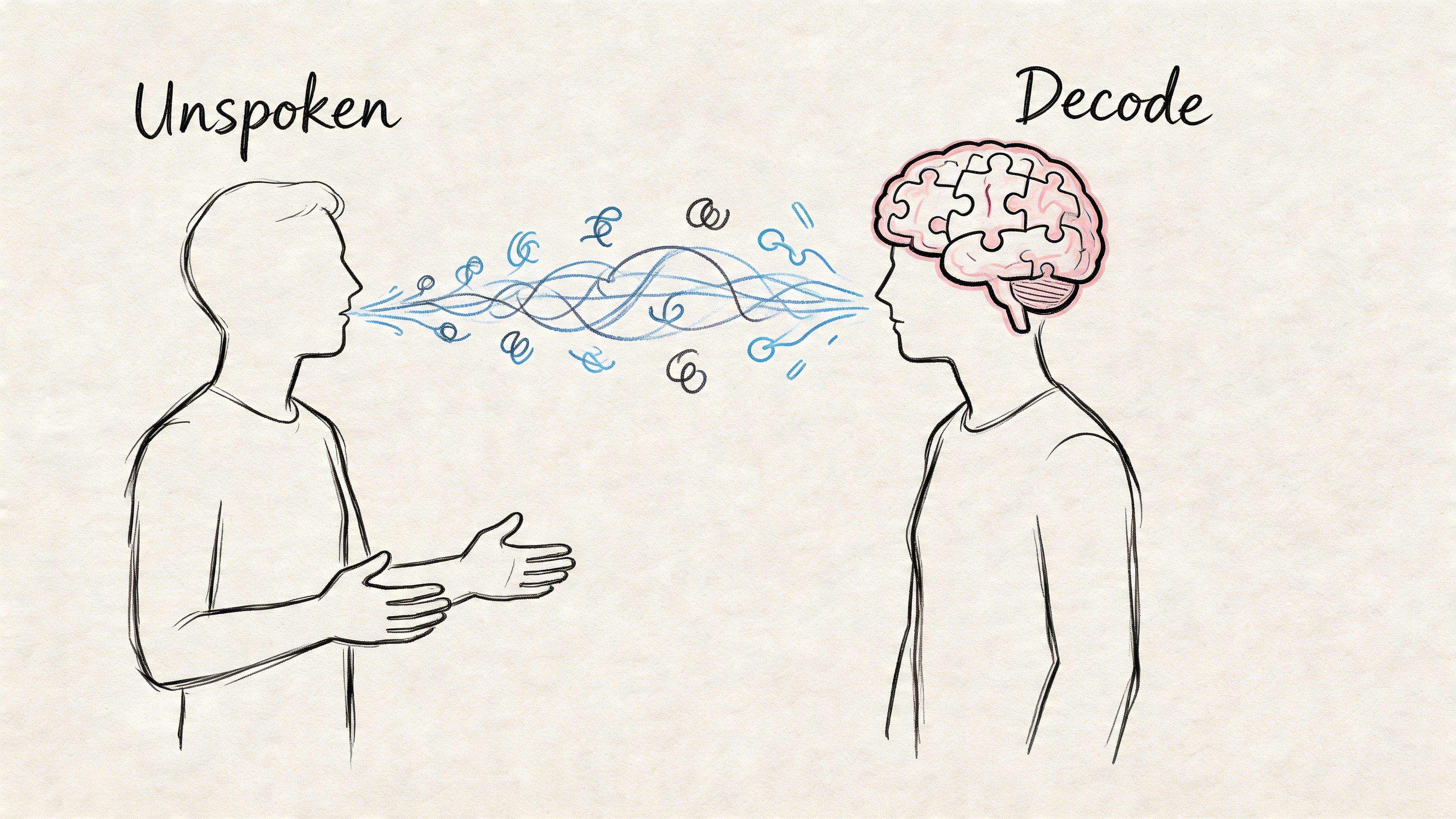 Line art of two people in conversation with one person's brain shown as an interlocking puzzle, illustrating cognitive load while talking