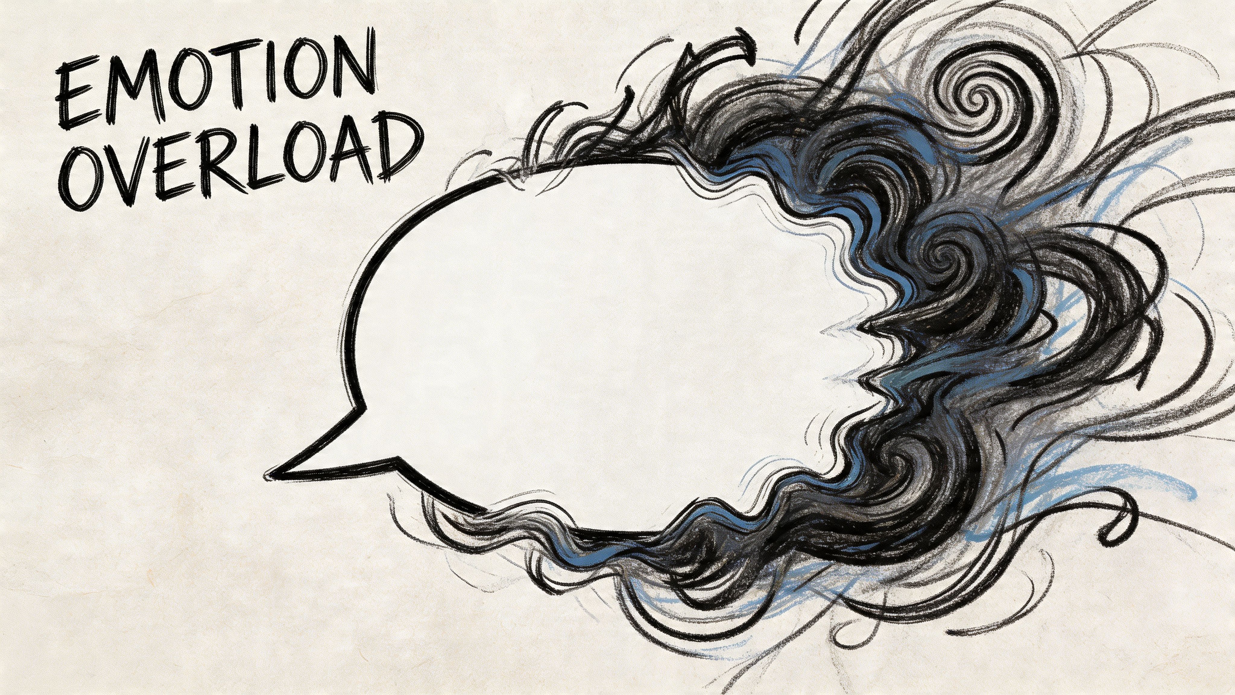 Illustration of a speech bubble titled Emotion Overload surrounded by turbulent dark and blue smoke swirls, representing sensory overwhelm during communication