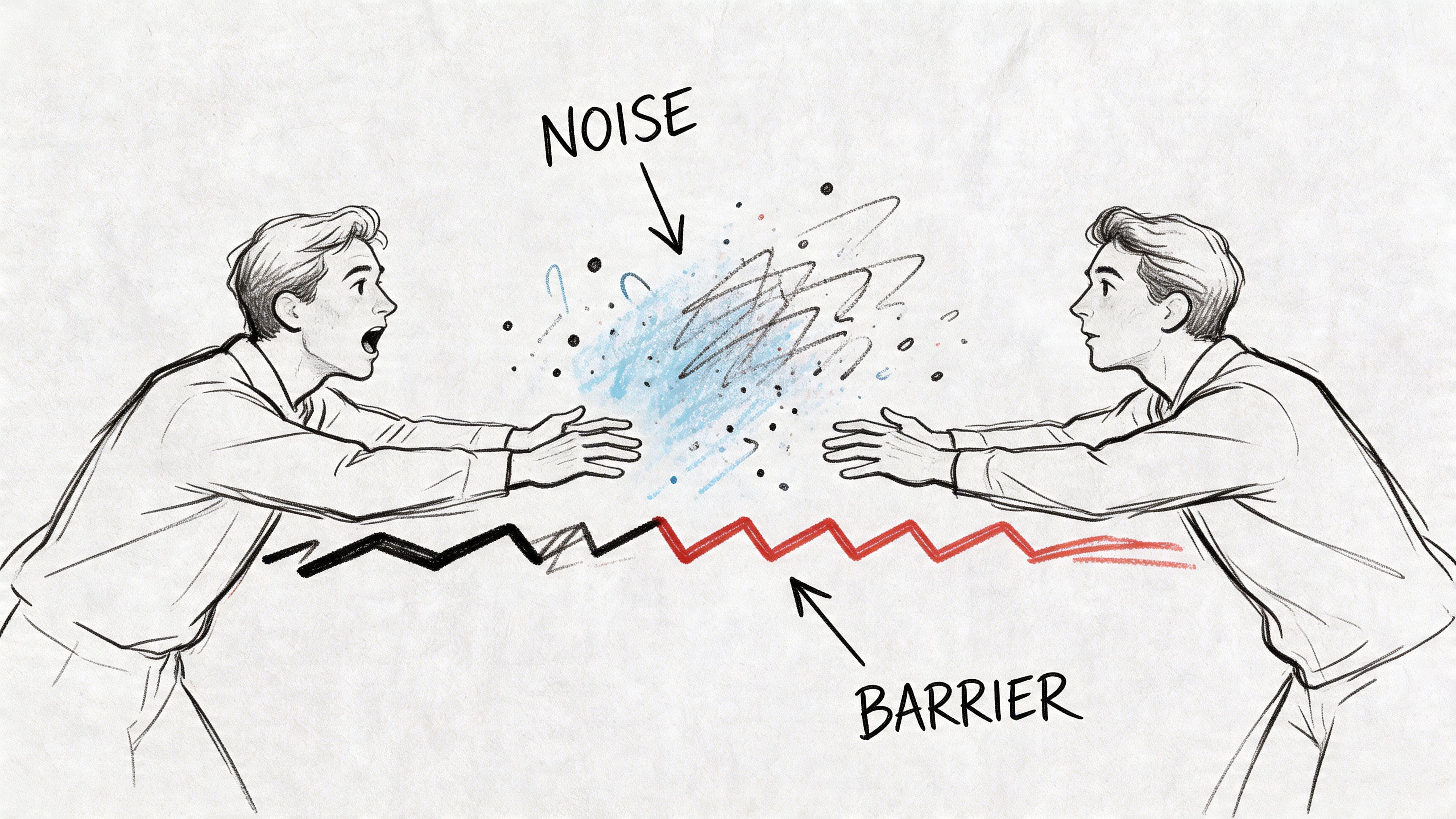 Conceptual illustration of two people separated by visual noise and a barrier, representing stress and misunderstandings during difficult conversations