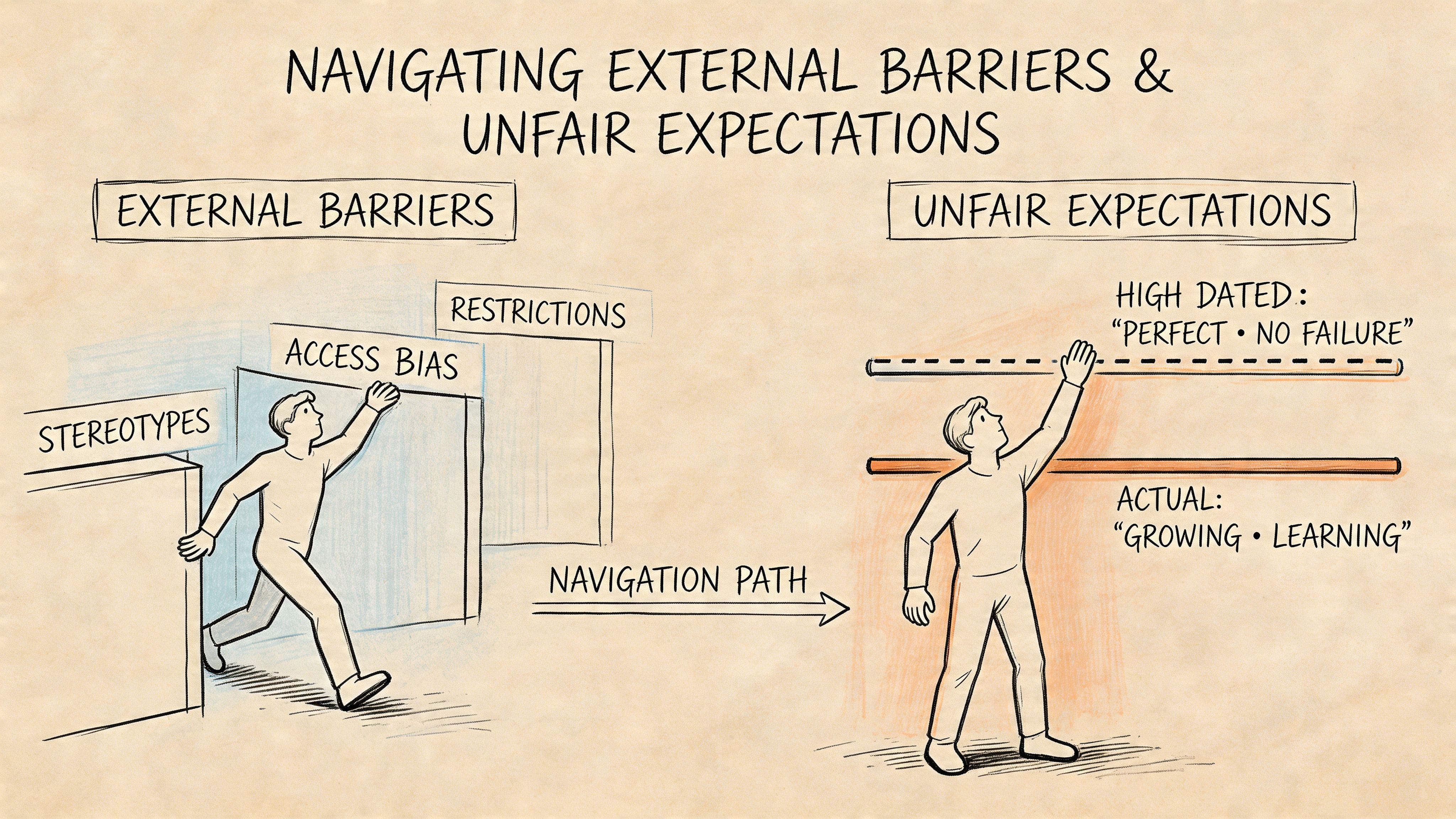 Illustration of a person moving past stereotypes and high expectations as obstacles to clear neurodivergent communication at work and home