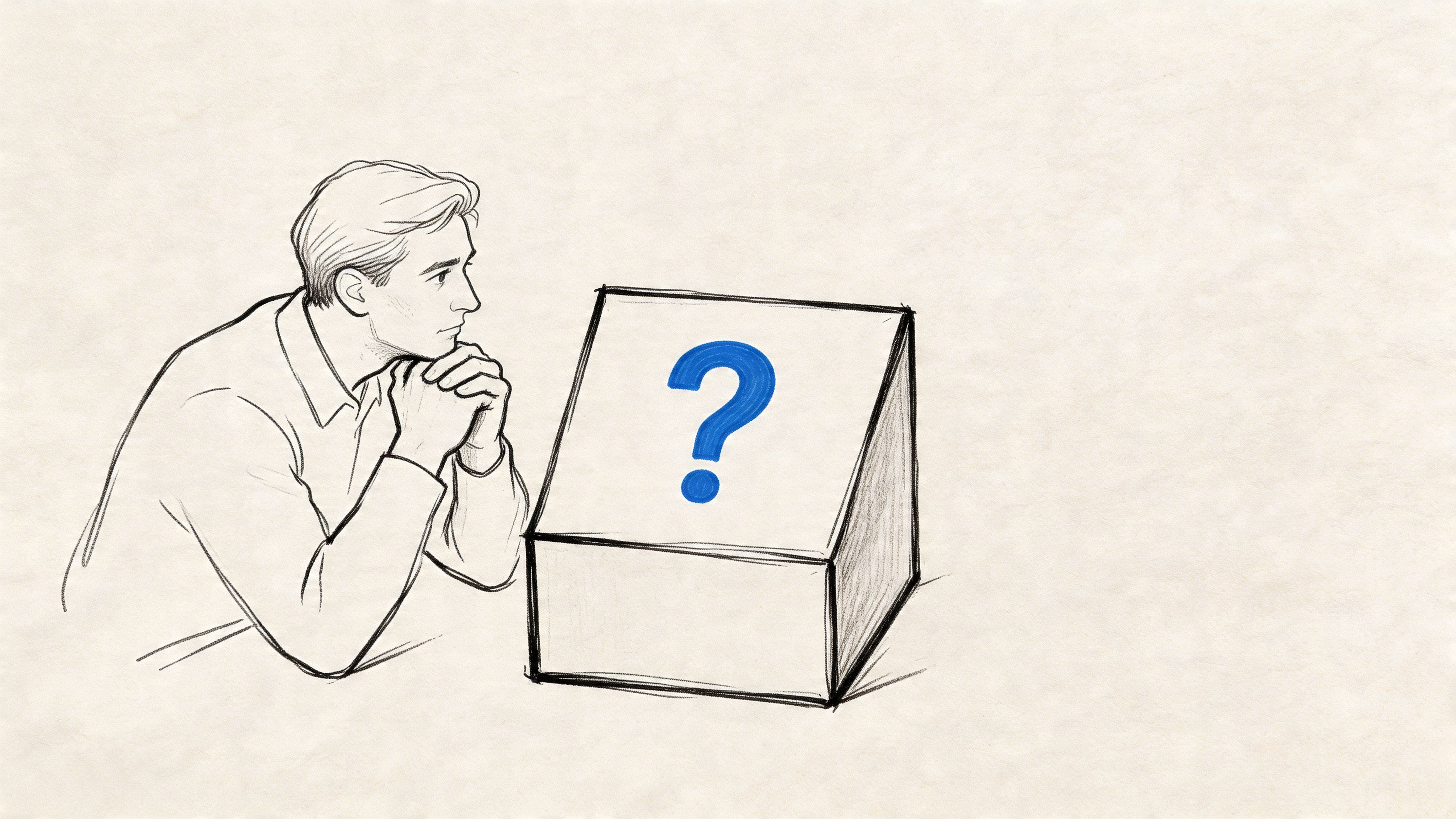 Pencil sketch of a person at a desk studying a large question mark, symbolizing clarifying conversation goals before speaking