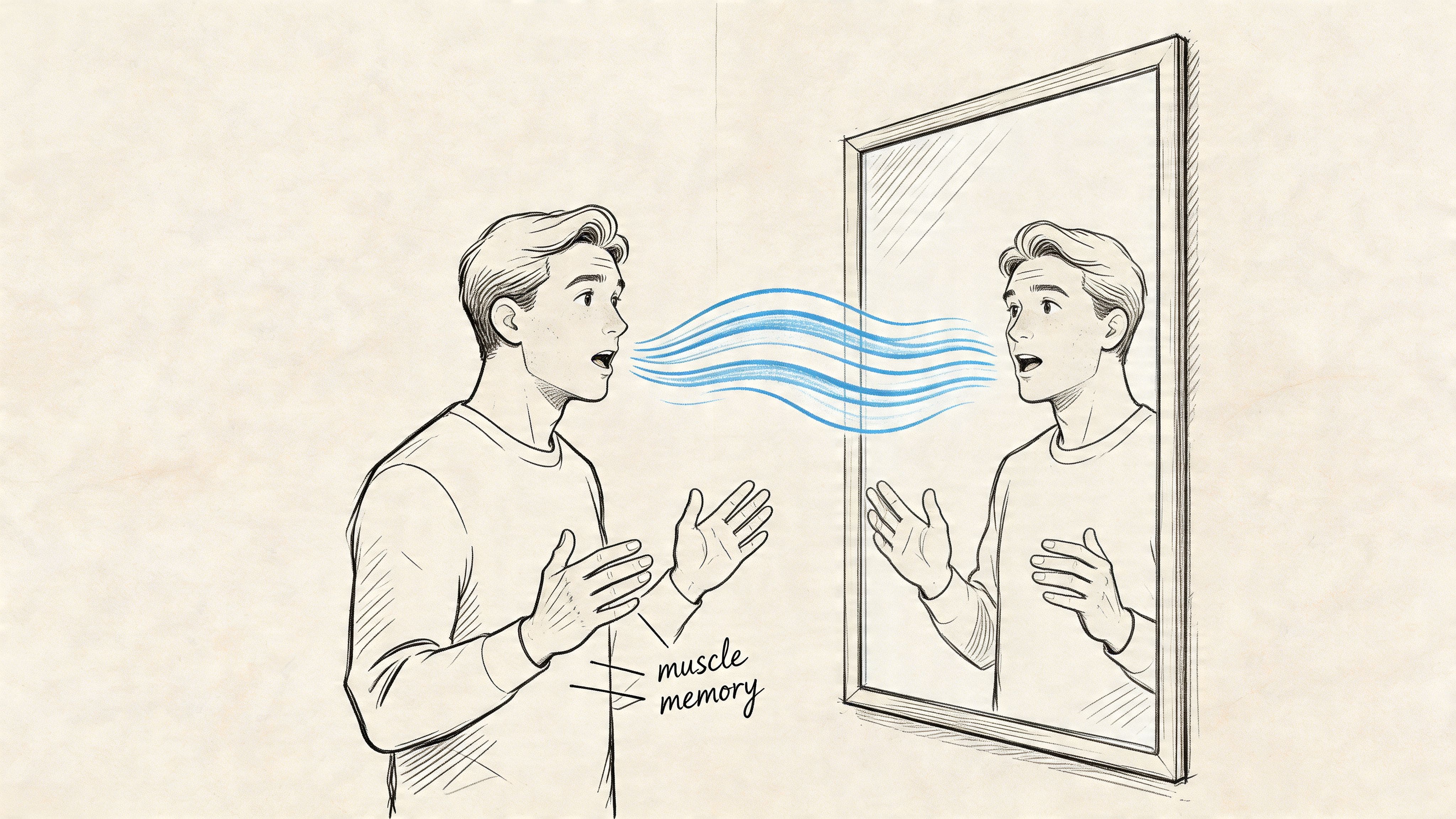 Adult practicing a planned conversation aloud in front of a mirror to build speaking confidence and verbal muscle memory