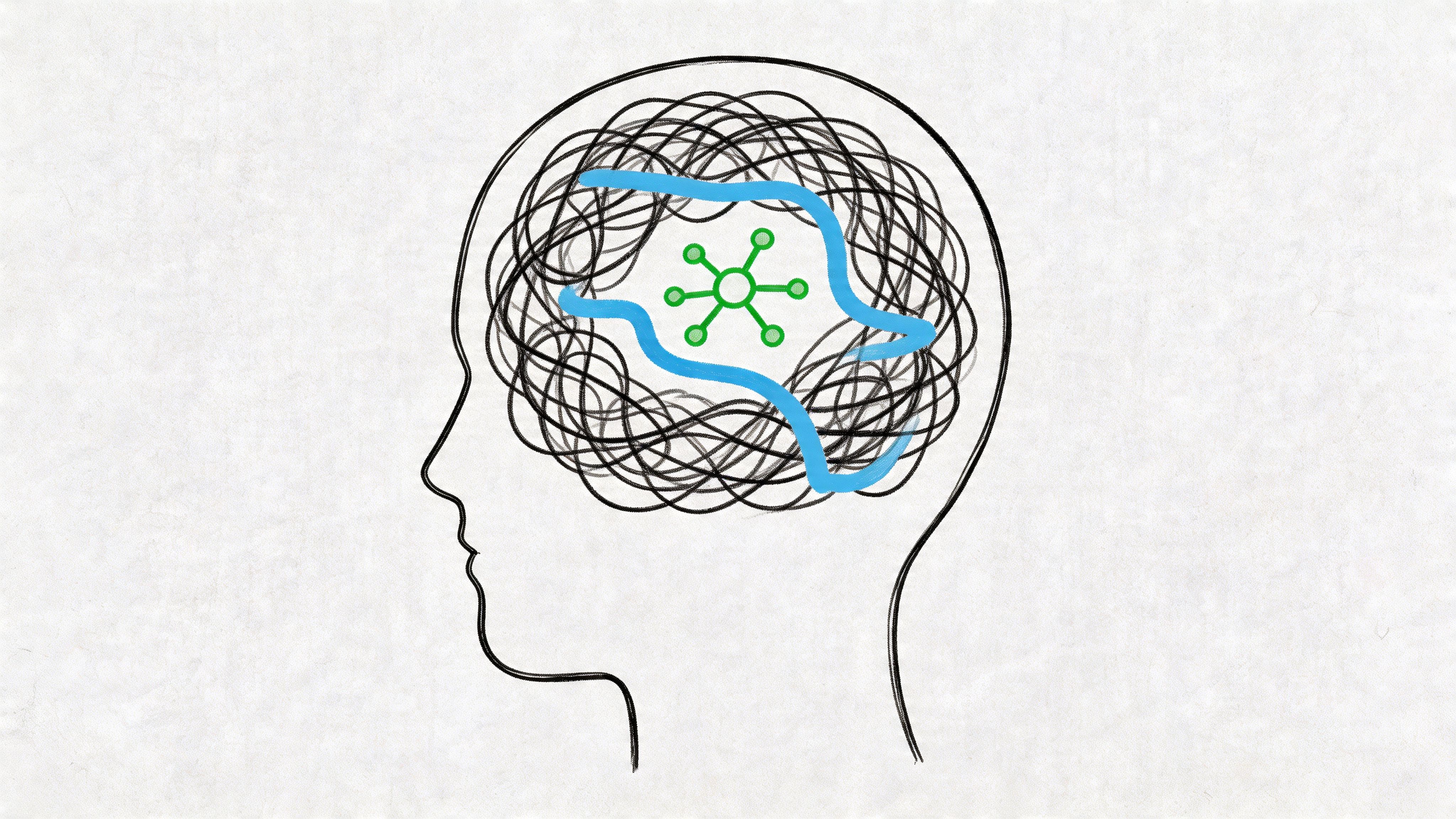 Minimalist illustration of a head profile with chaotic scribbles beside an organized green network, symbolizing structured thinking for social confidence
