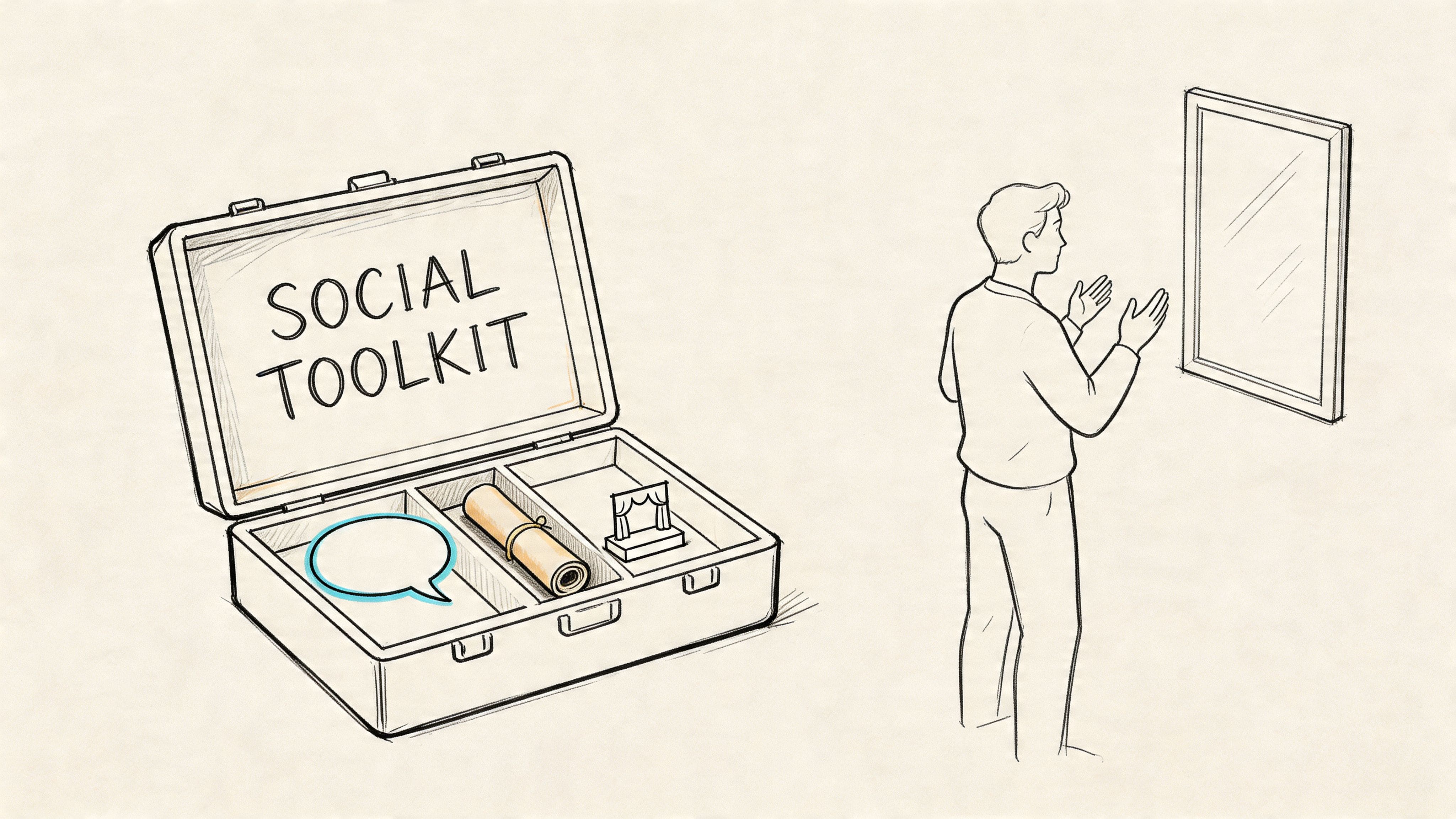 Line art of a labeled social toolkit and a person practicing conversation in a mirror to build speaking confidence