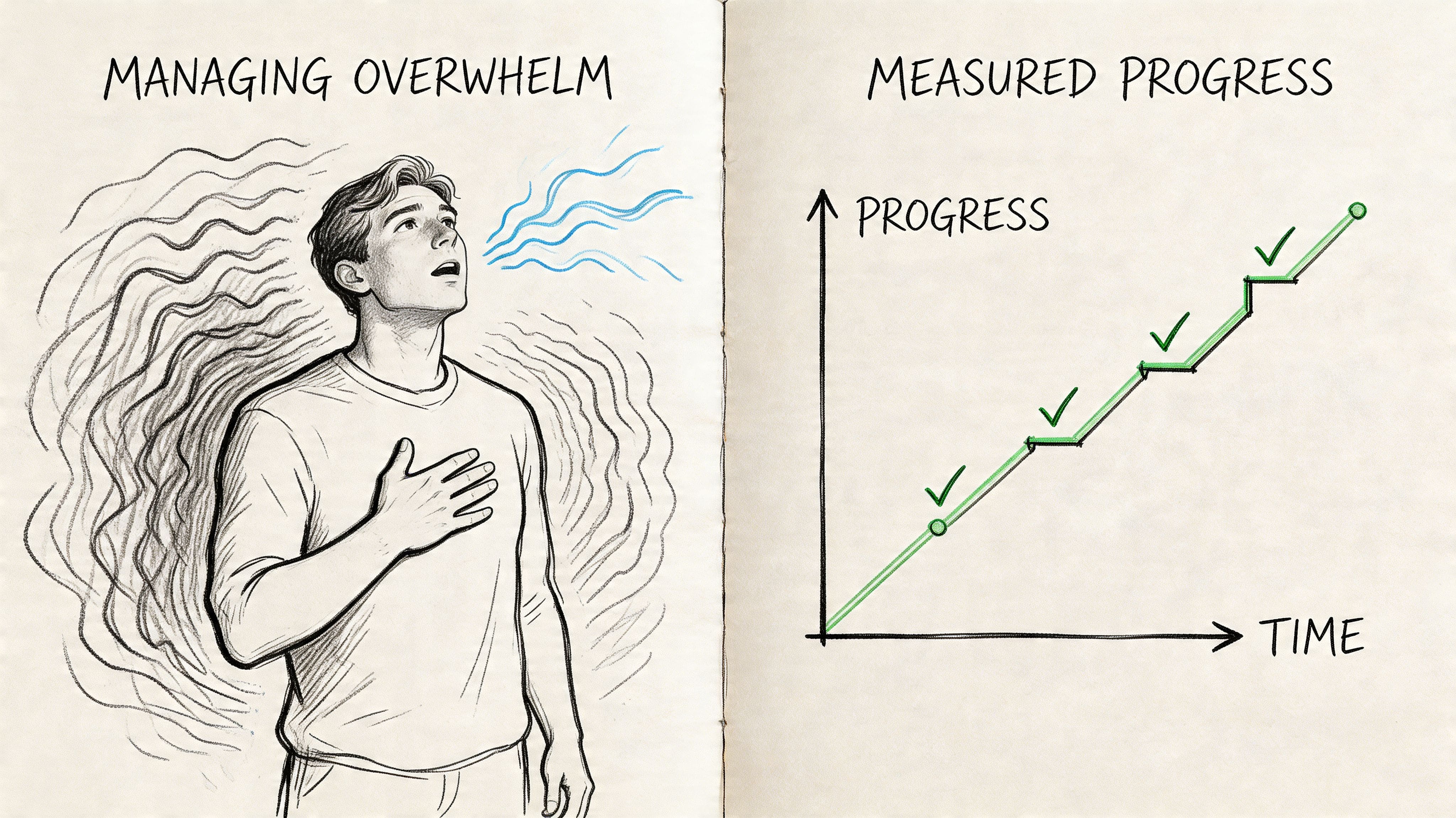 Illustration contrasting calm breathing for overwhelm with steady goal-setting to measure social skills progress