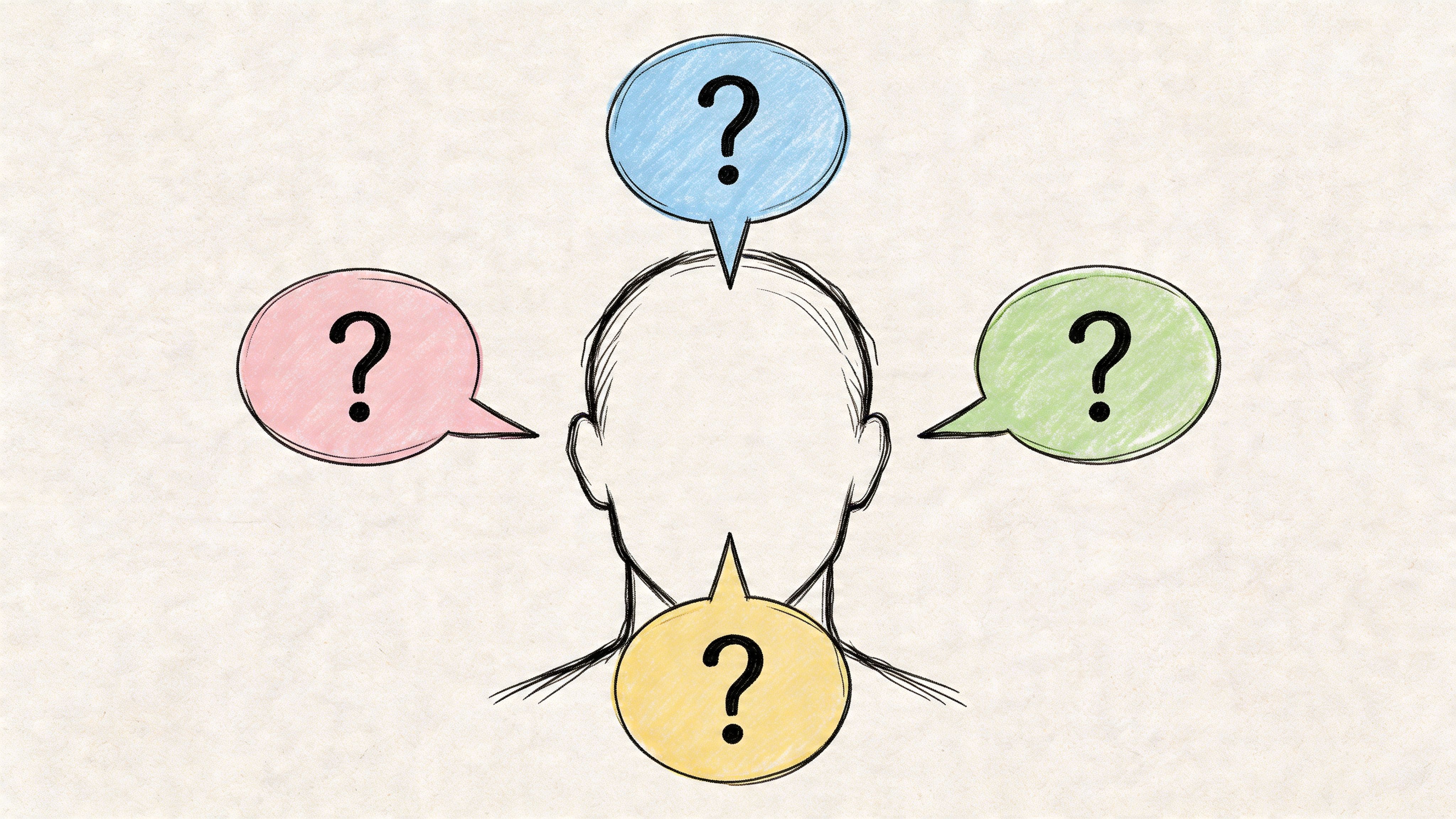 Line art of a head with four colorful thought bubbles each showing a question mark, representing self-check questions when overthinking