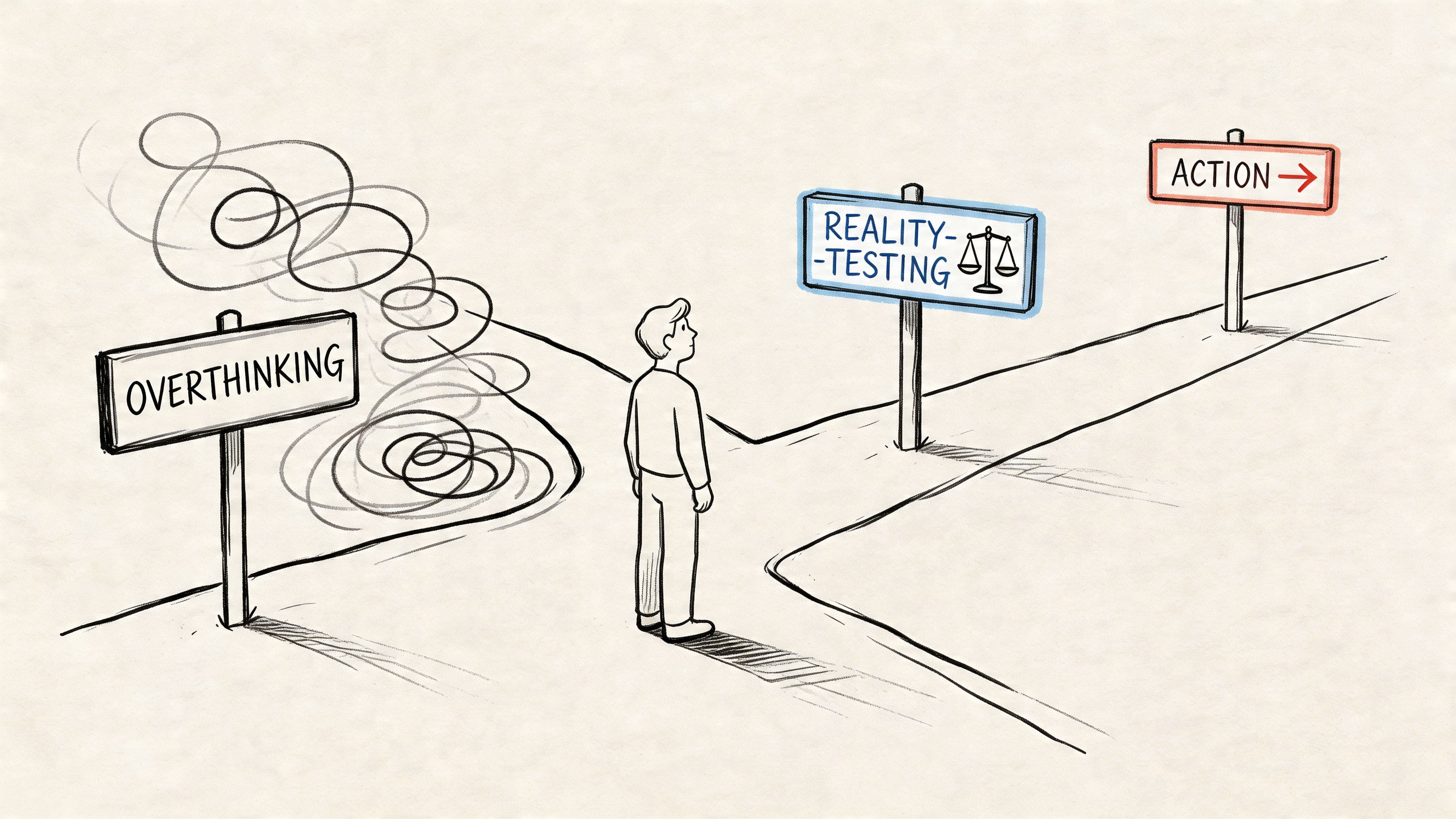 Person at a crossroads choosing between spiraling in thought and taking a concrete next action