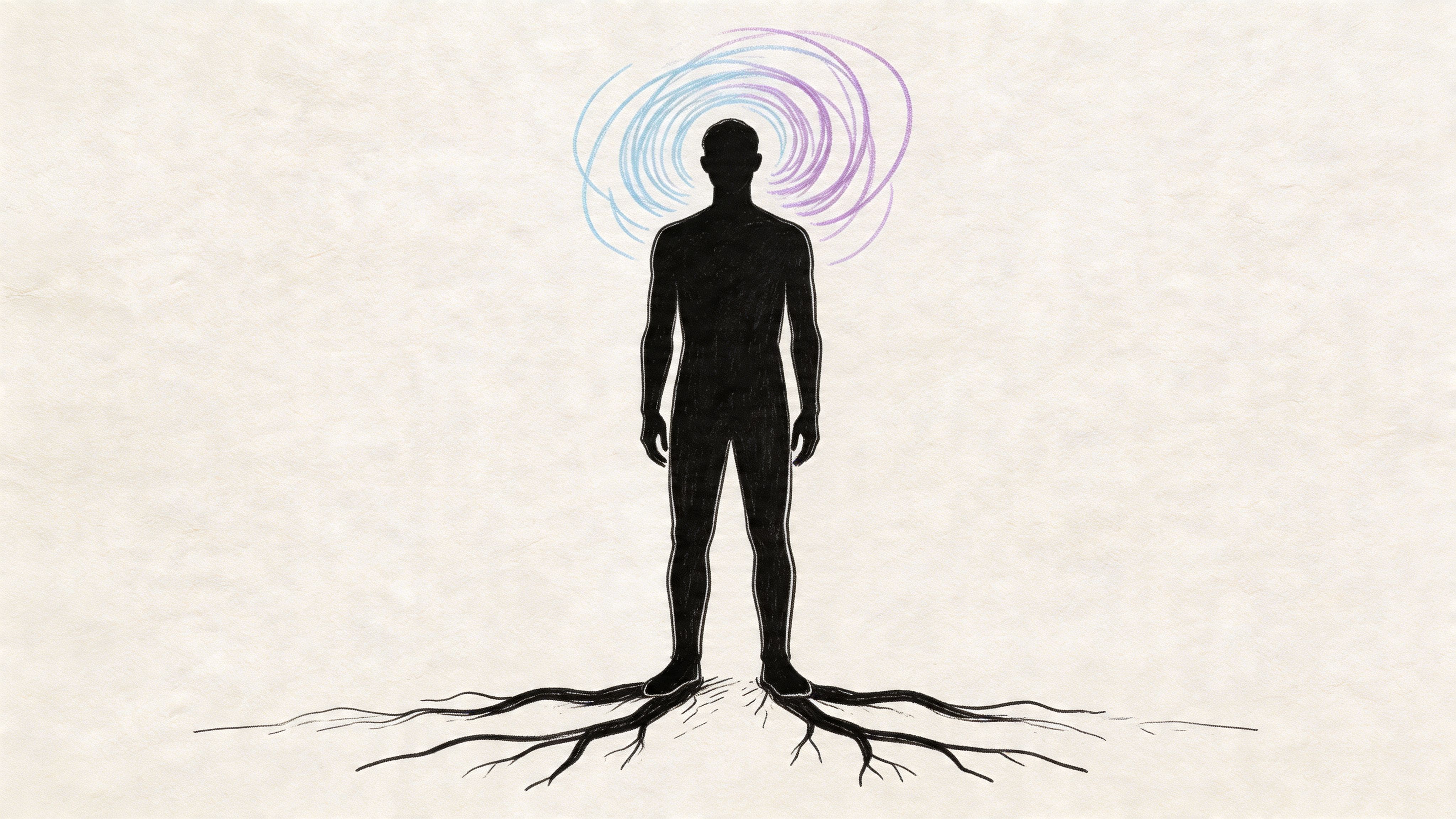 Silhouette of a grounded person with roots at the feet and colorful marks above the head symbolizing anxiety and mindfulness