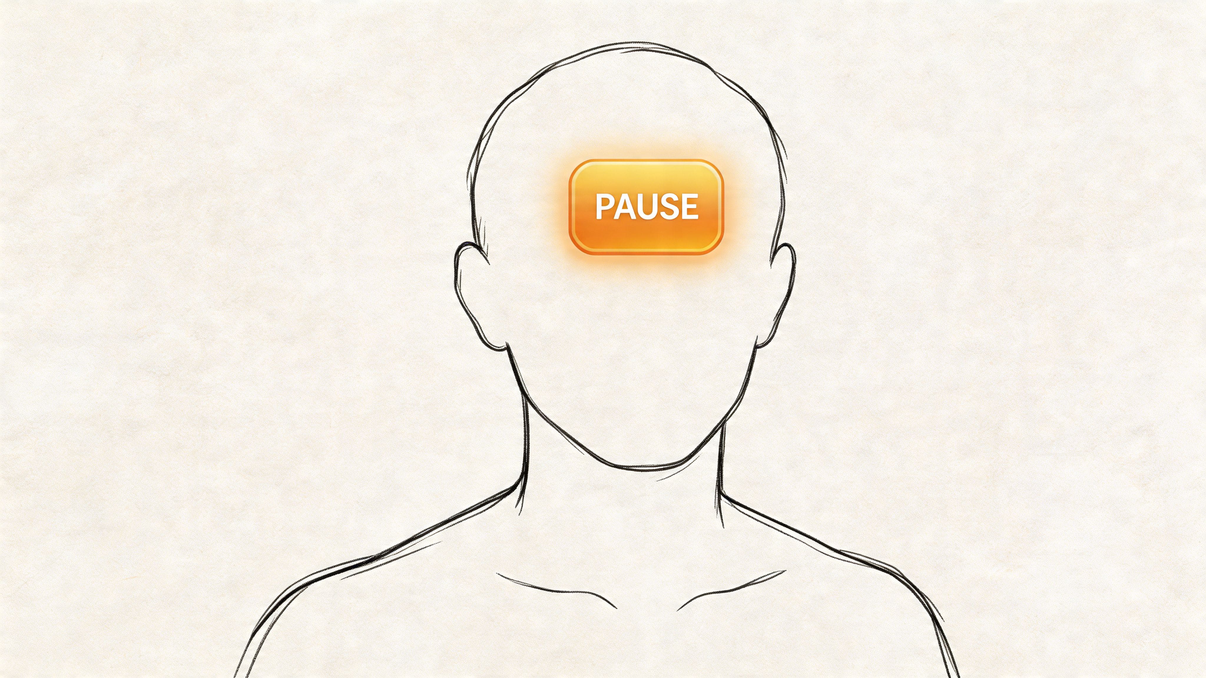 Line drawing of a person with a glowing pause symbol at the forehead, symbolizing pausing before responding to rudeness