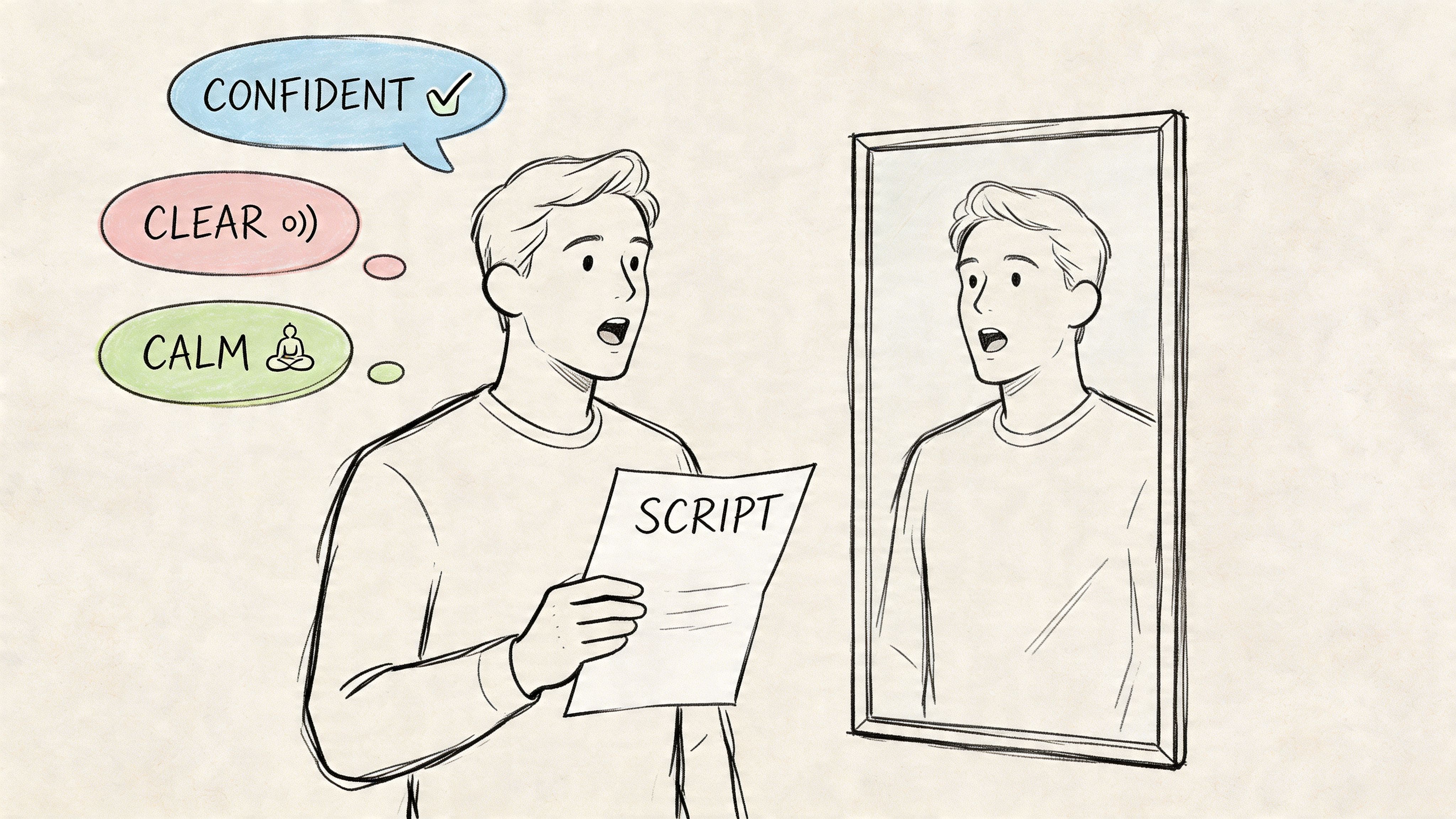 Person rehearsing a response from a script in front of a mirror with affirmations for handling rude remarks