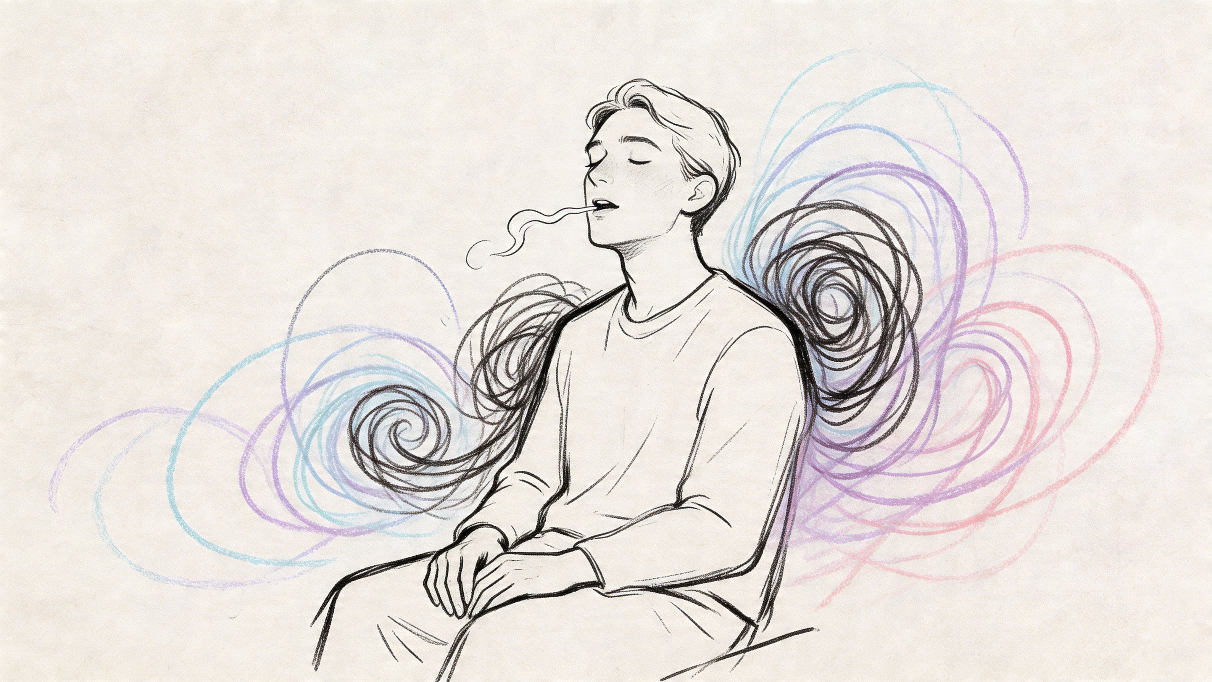 Sketch of a person exhaling calmly amid colorful swirls, illustrating nervous system regulation after a difficult conversation