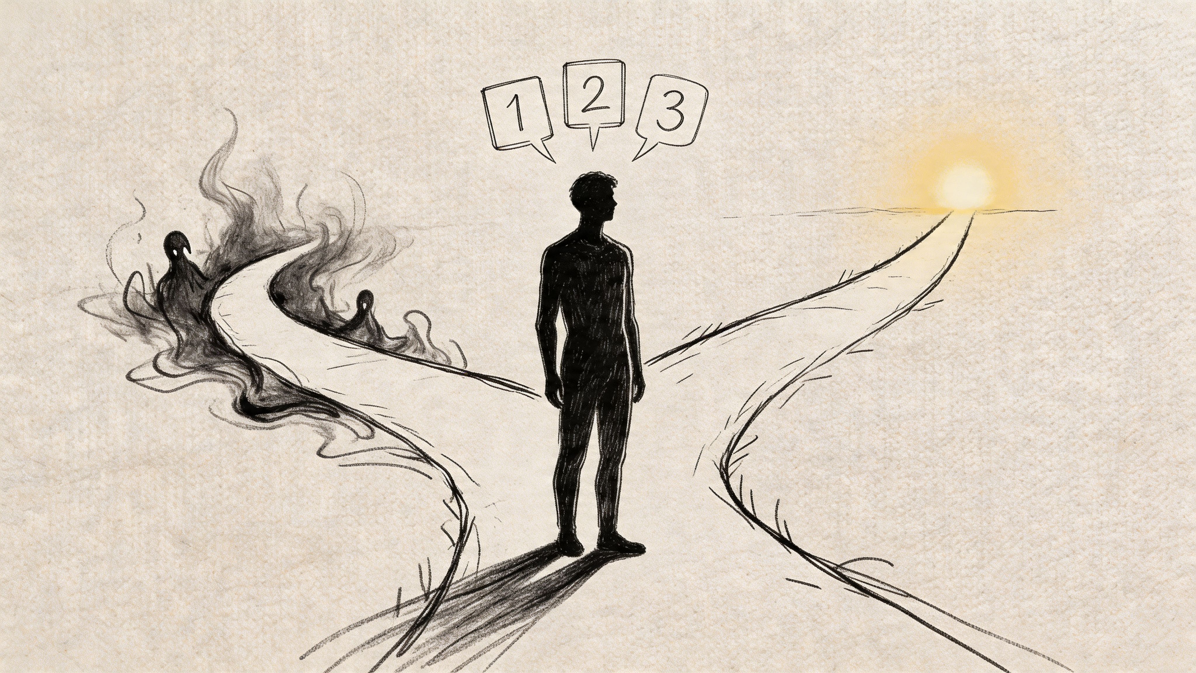 Silhouette at a crossroads between darker and brighter paths, symbolizing whether to accept or decline a friend's invitation